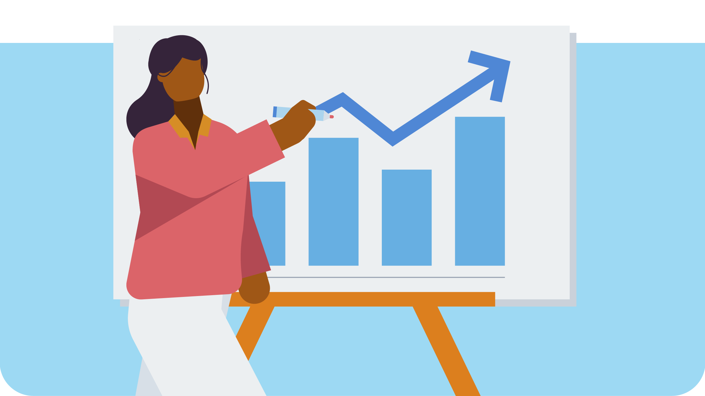 Illustrated accountant holds pen up to line graph on whiteboard.