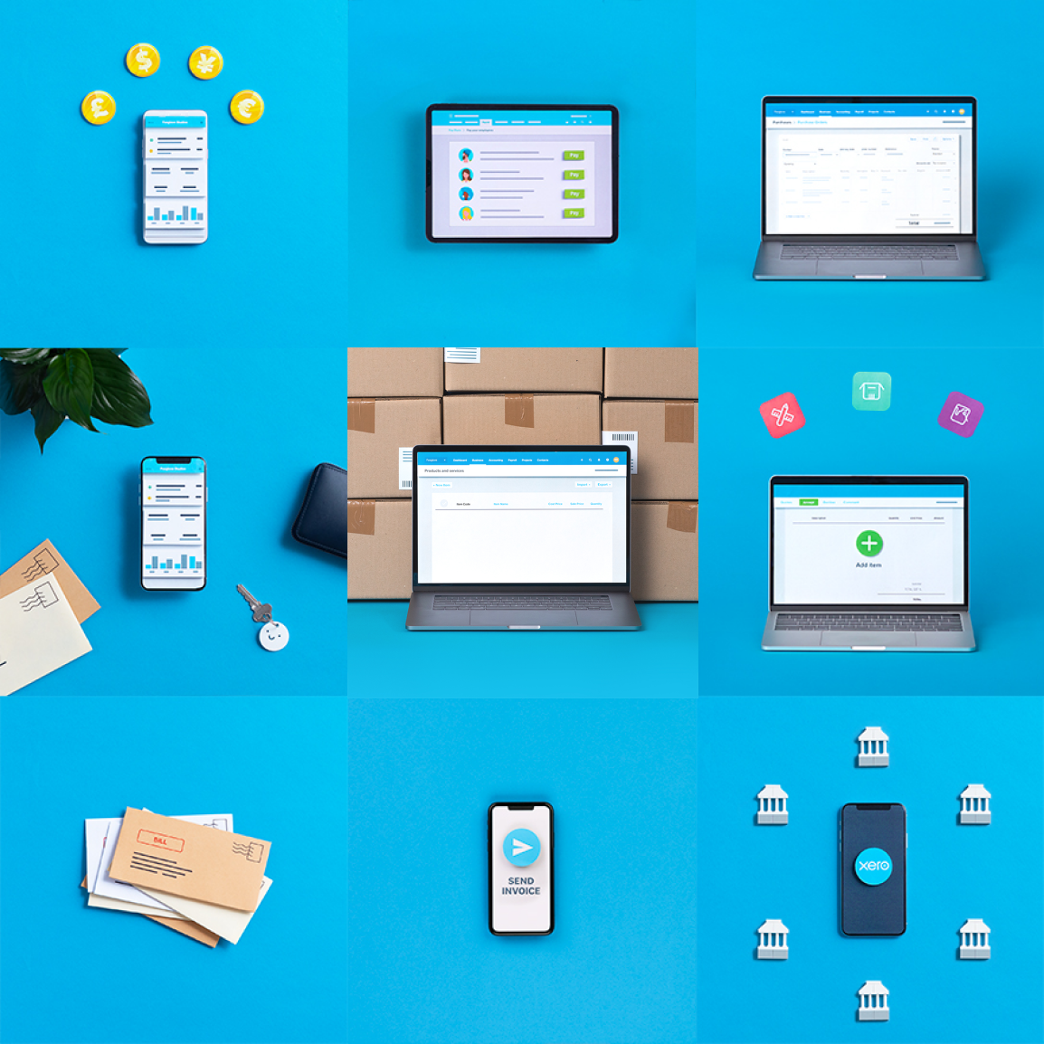 A collage of pictures of Xero being used on a desktop and mobile, for people looking to choose between Xero vs Reckon.