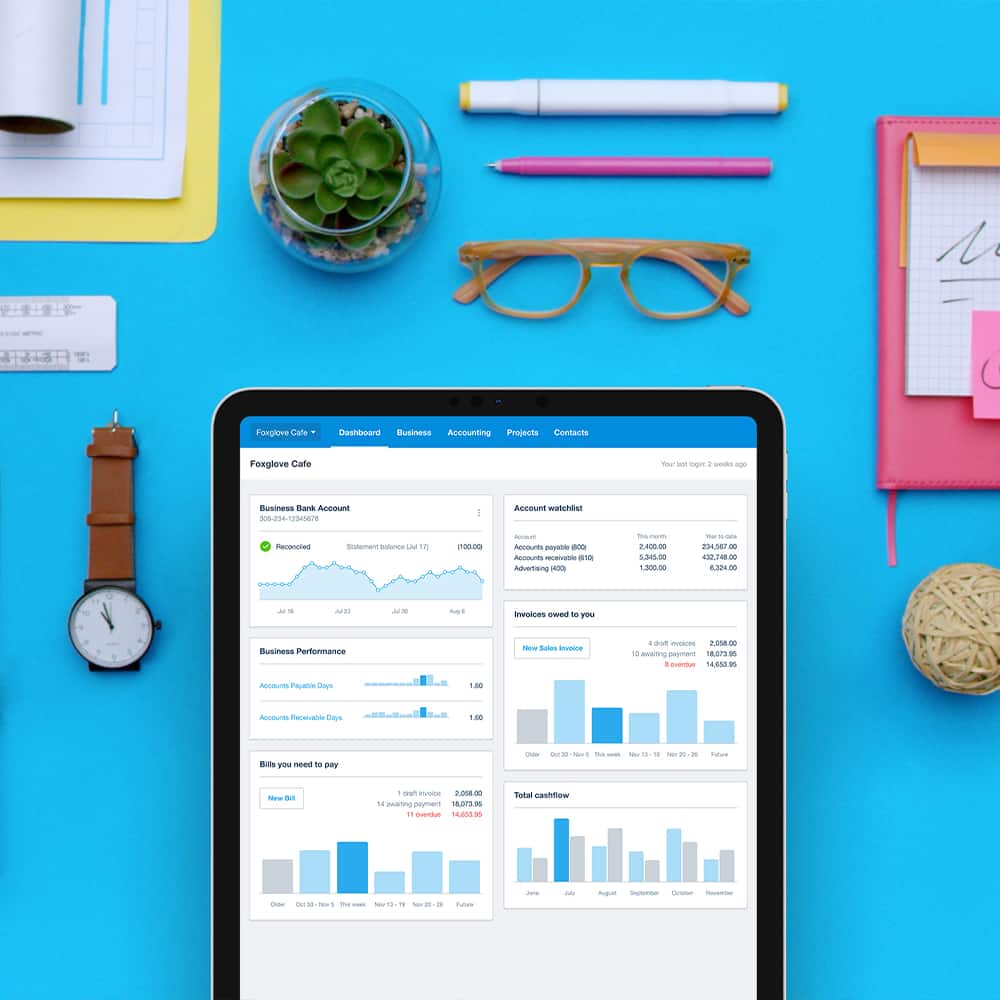 Xero dashboard on a tablet screen, showing our accounting software alternative to MYOB. 