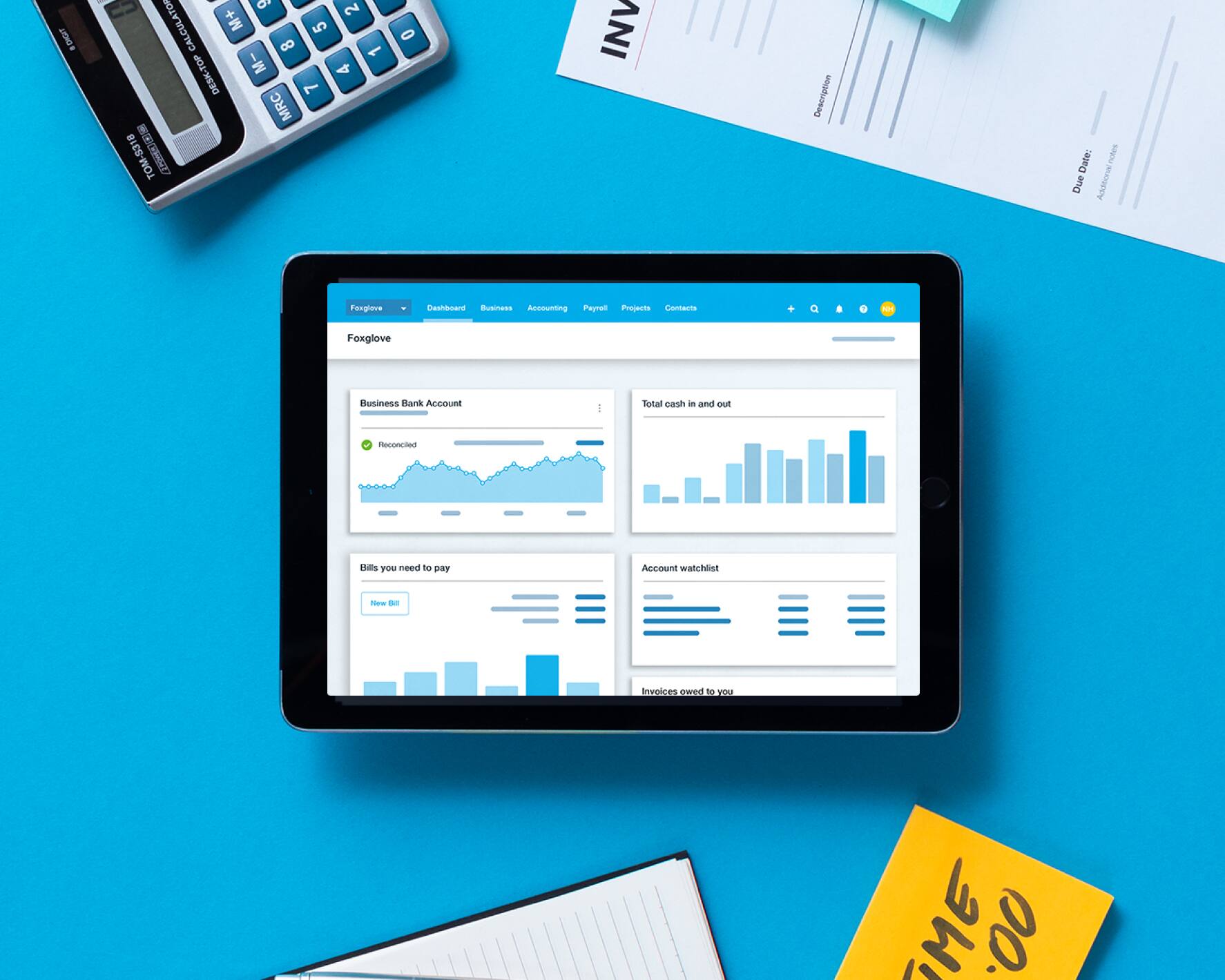 A tablet showing the Xero dashboard, so it can be seen as a beautiful Sage alternative.