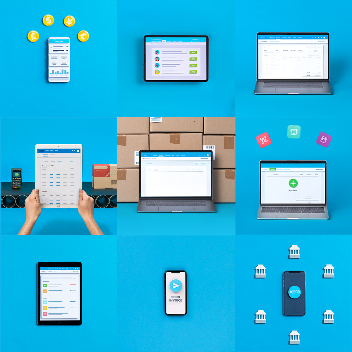 A collage showing Xero’s desktop and mobile features for people comparing Xero vs. MYOB.