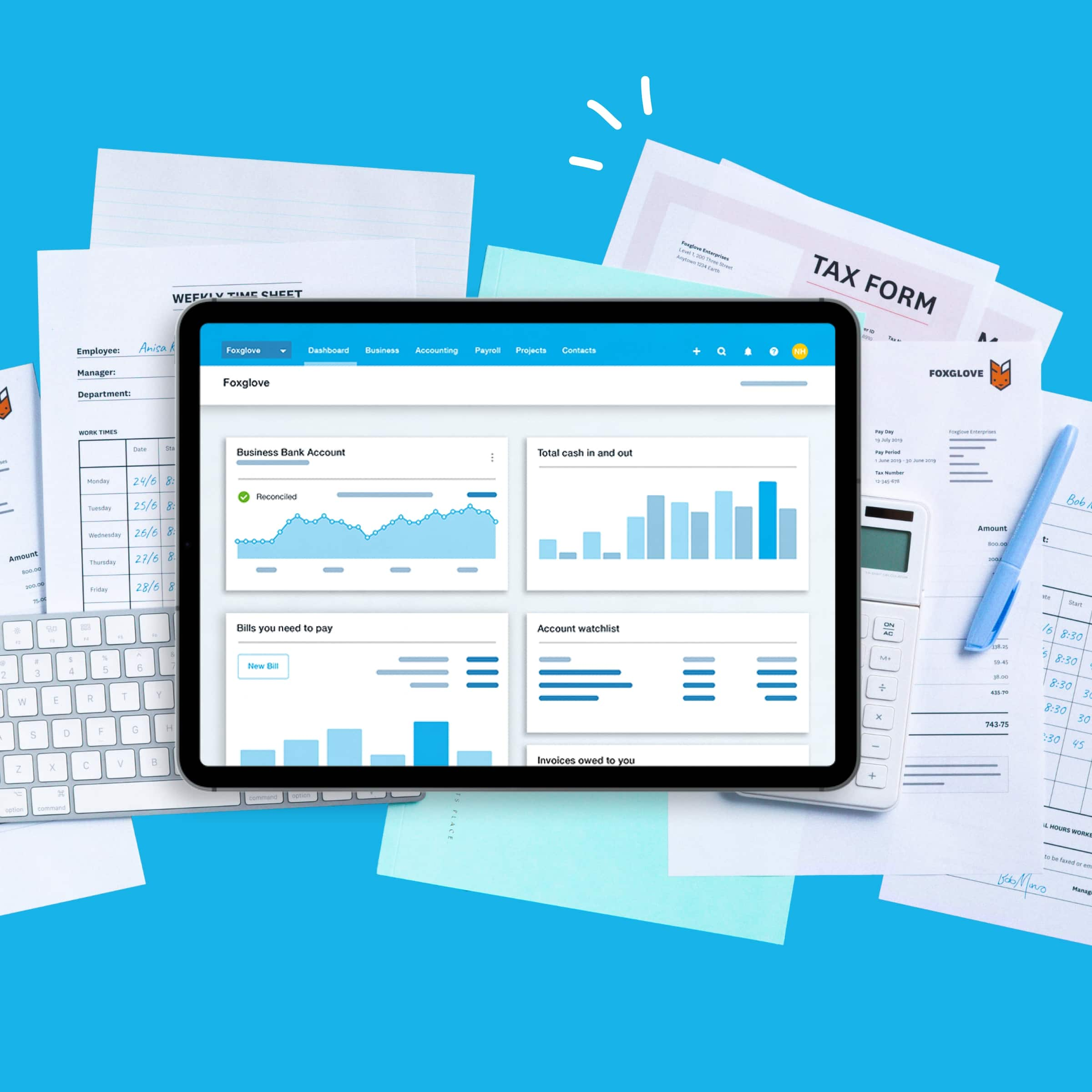 Charts showing bank balances, bills to pay, income and outgoings  display on the Xero accounting software dashboard.