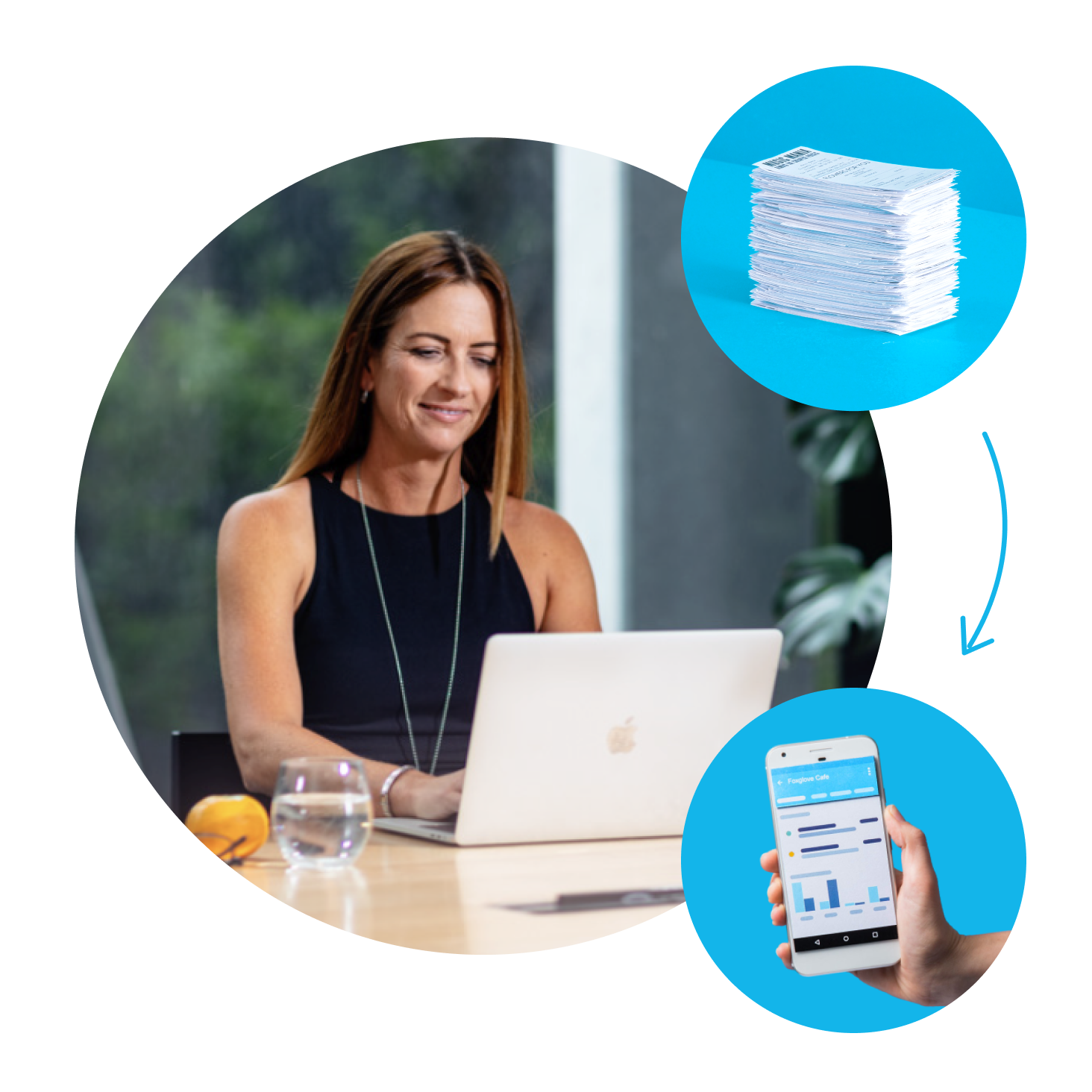 An employee using HMRC-recognised payroll software for business tasks. She is using her laptop.