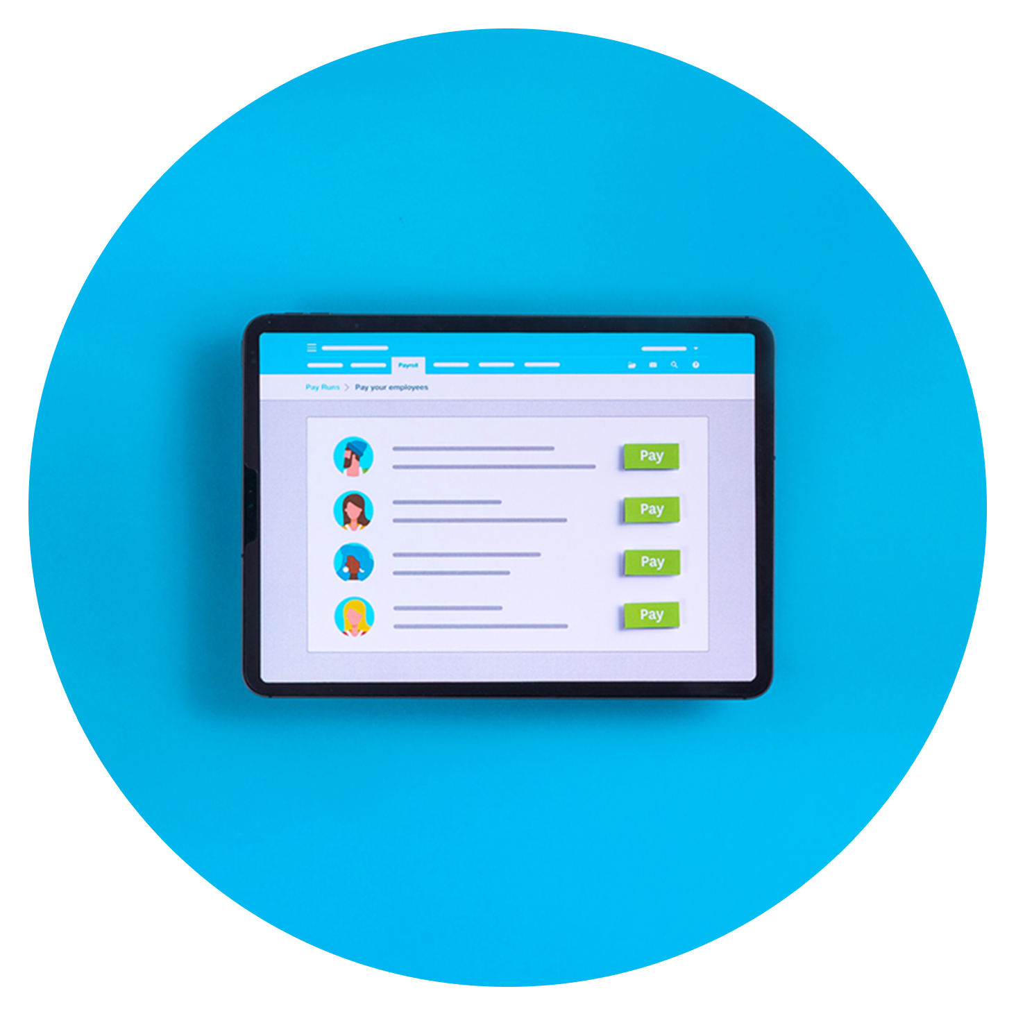 Screenshot of HMRC-recognised payroll software. Shows images of different employees and their payroll details.