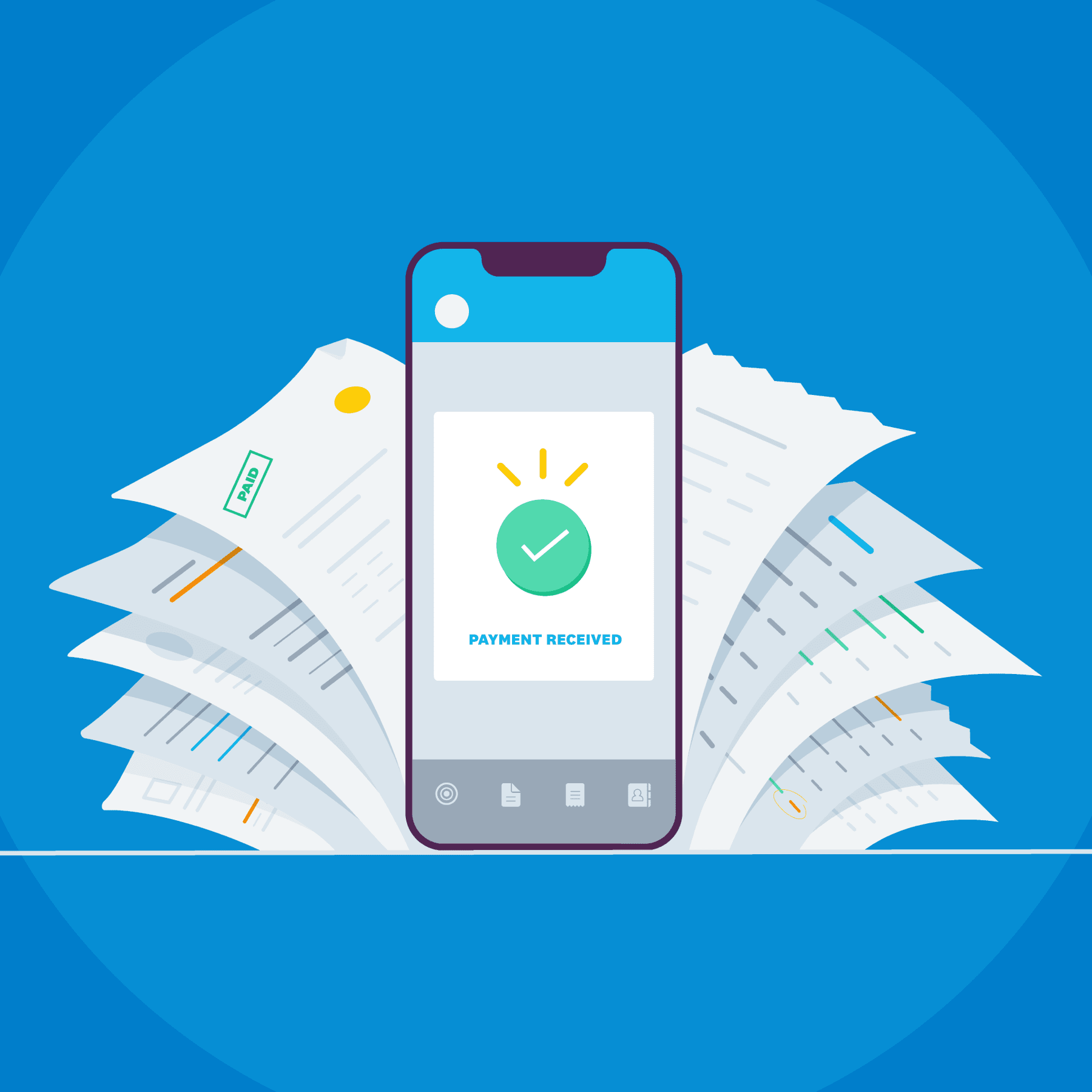 A big tick and the message ‘Payment received’ display on a phone, advising that an invoice payment has been received.
