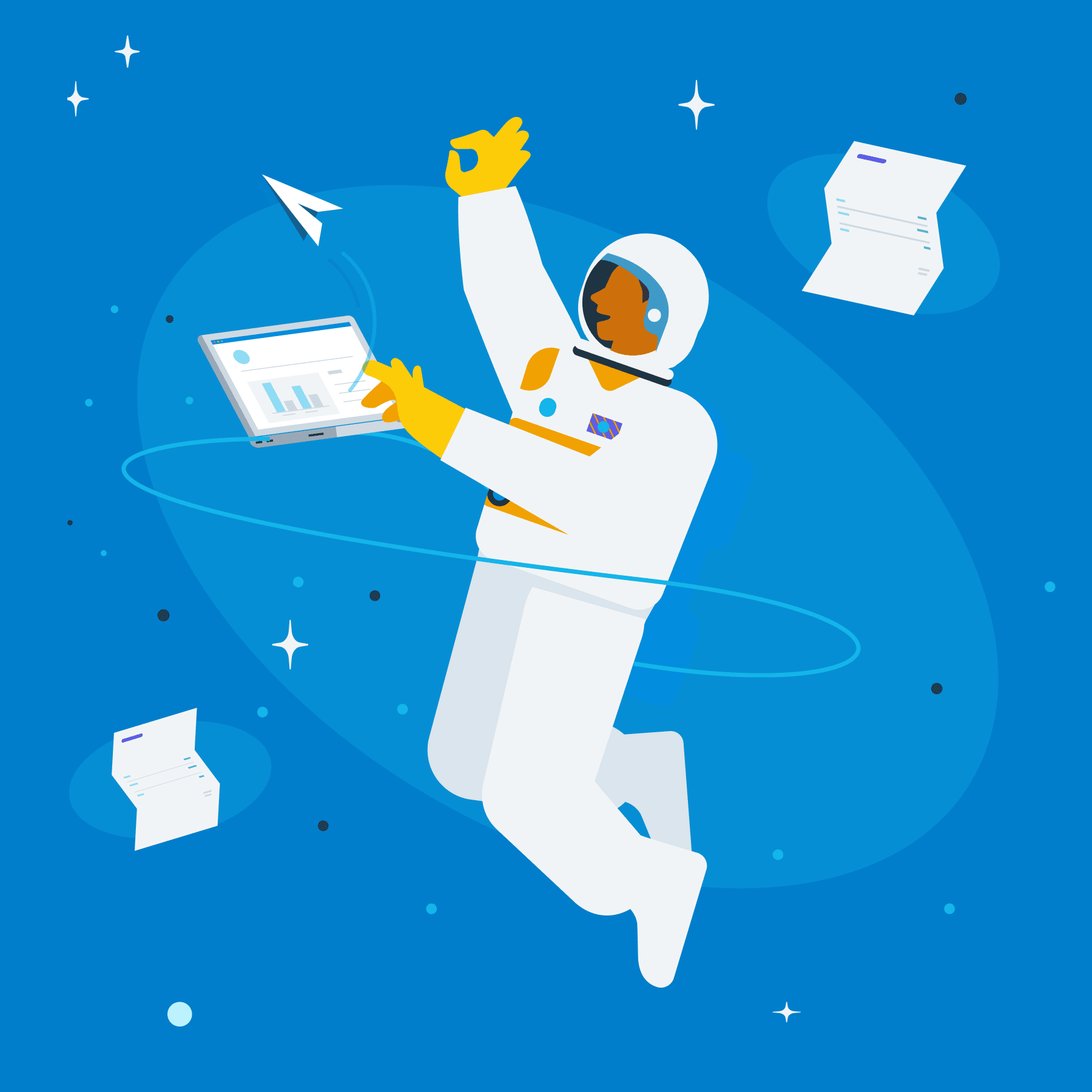 A spaceman floats in space sending invoices from invoicing software on a tablet.