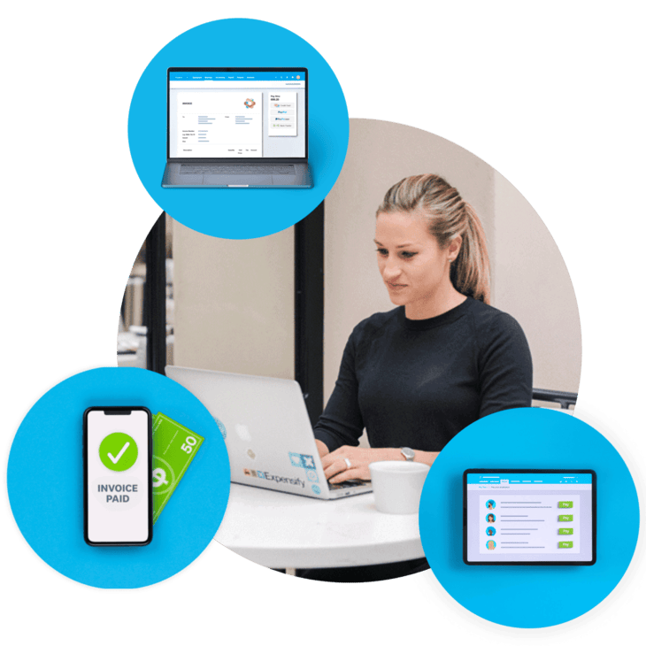 A business owner uses Xero’s accounting system on various iOS devices: a MacBook, iPhone, and iPad.