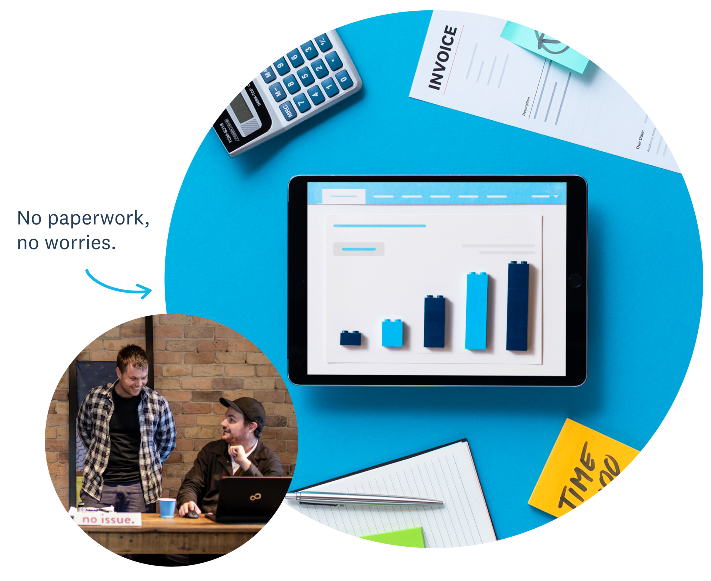 Xero’s small business accounting program for Mac and PC displays on an iPad as two business owners discuss the finances.