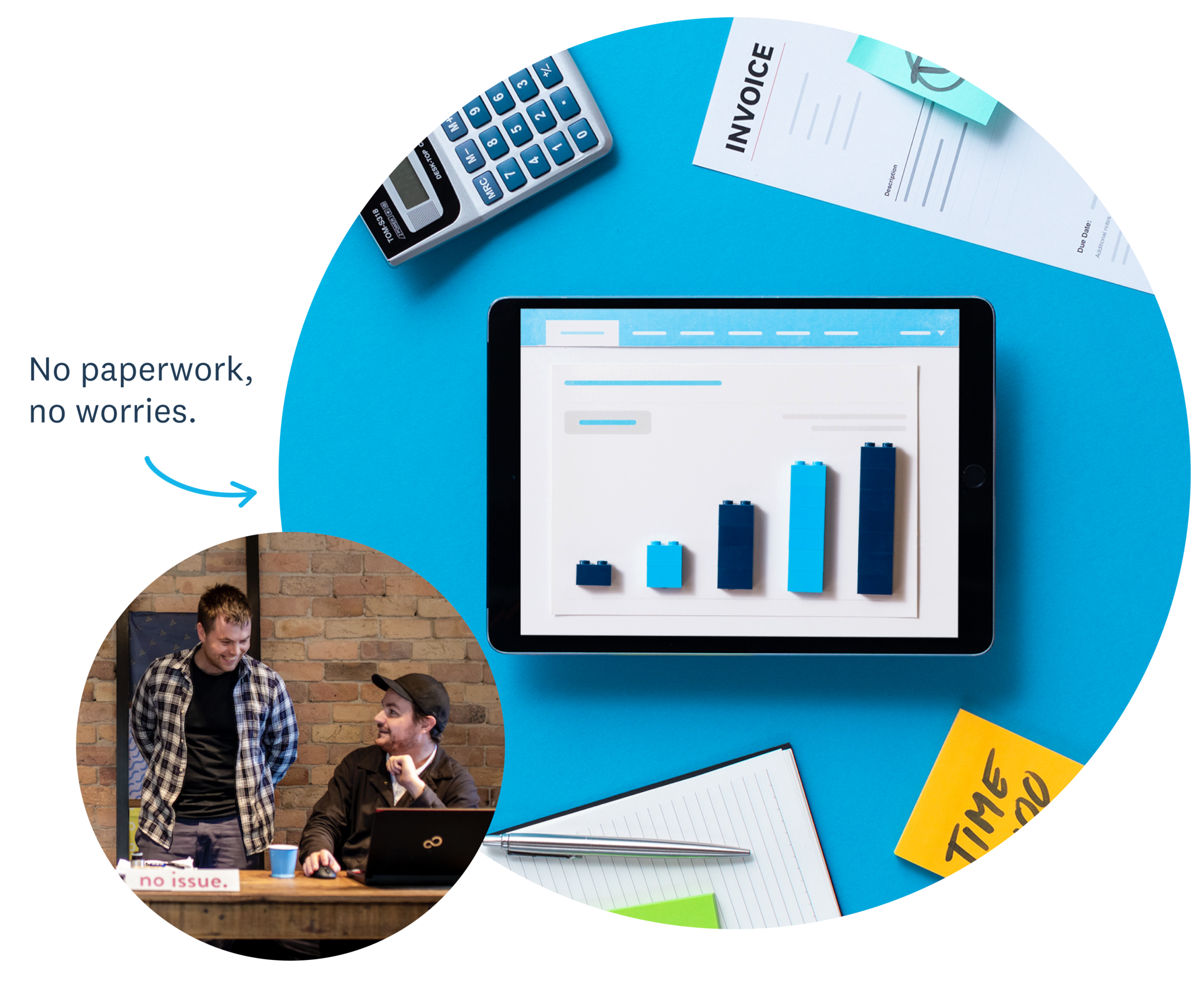 Small business accounting software for Mac and PC users shown on a tablet. Plus two male business owners discussing admin. 