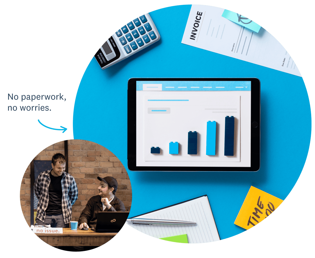 Small business accounting software for Mac and PC users shown on a tablet. Plus two male business owners discussing admin.
