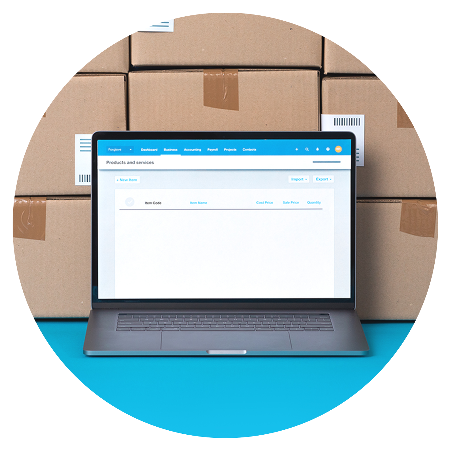 A laptop shows Xero stock control software.