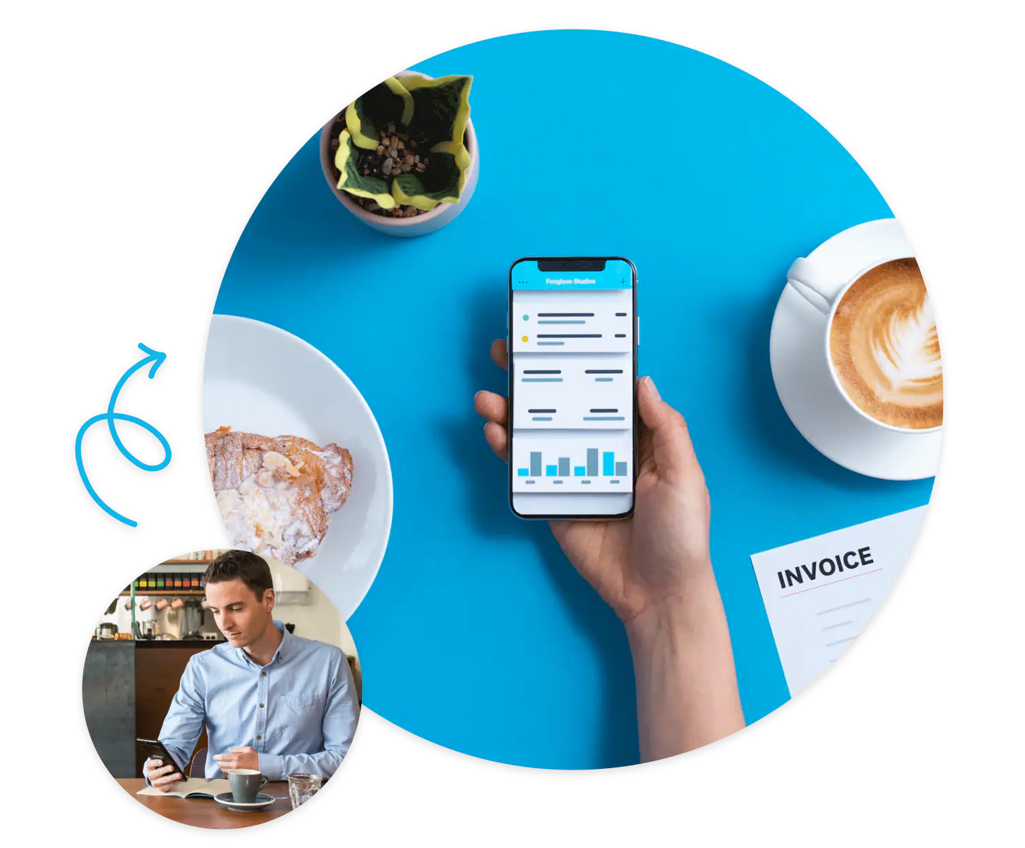 Small business owner sips coffee while using the invoice app for Android and iPhone to check payments received.