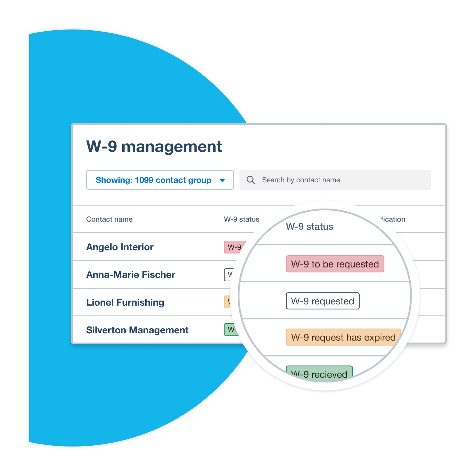 W-9 status shows which contacts need to submit W-9s and what information is missing.