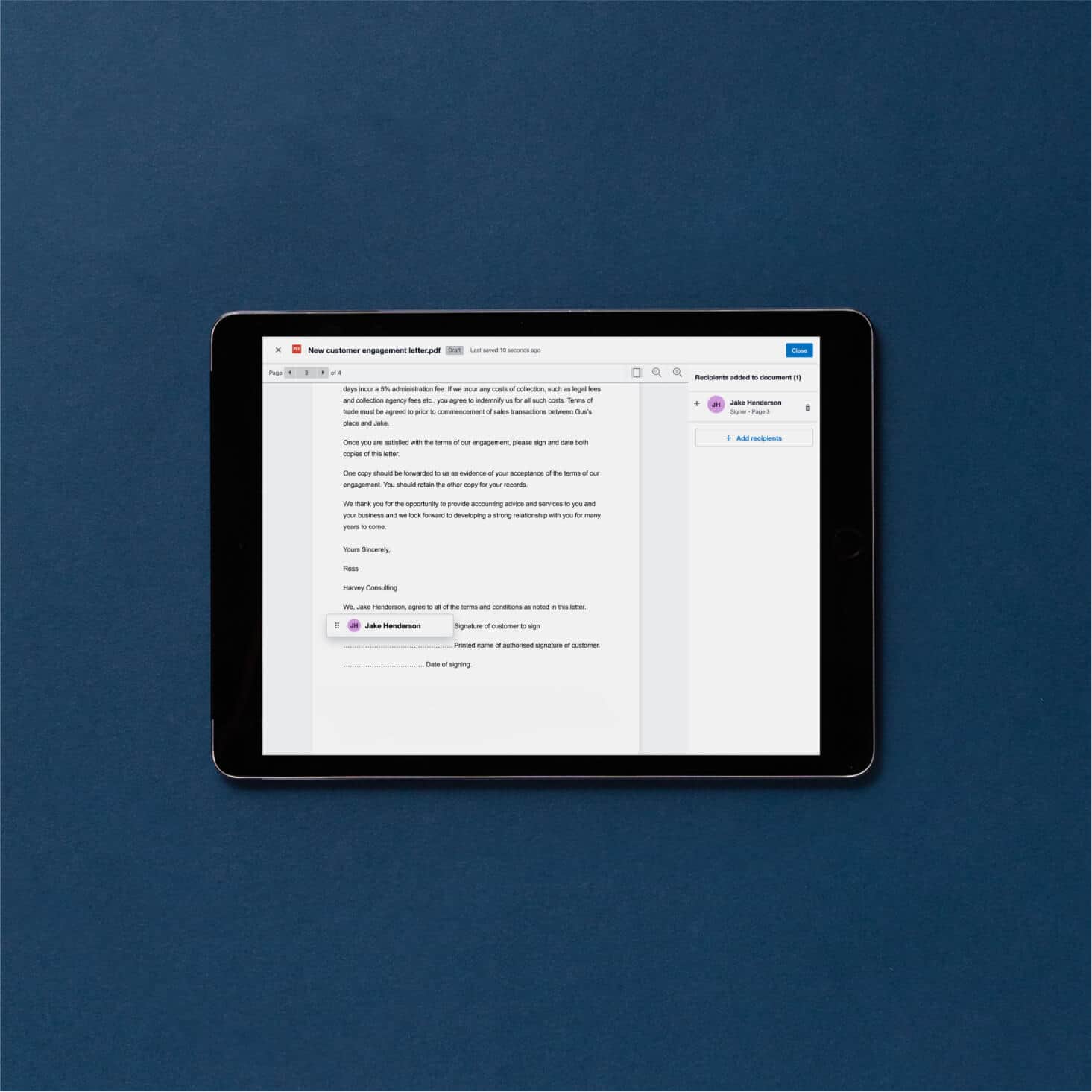 PDF document in a document pack is marked up with a signature line, the name of the signatory, and their email.