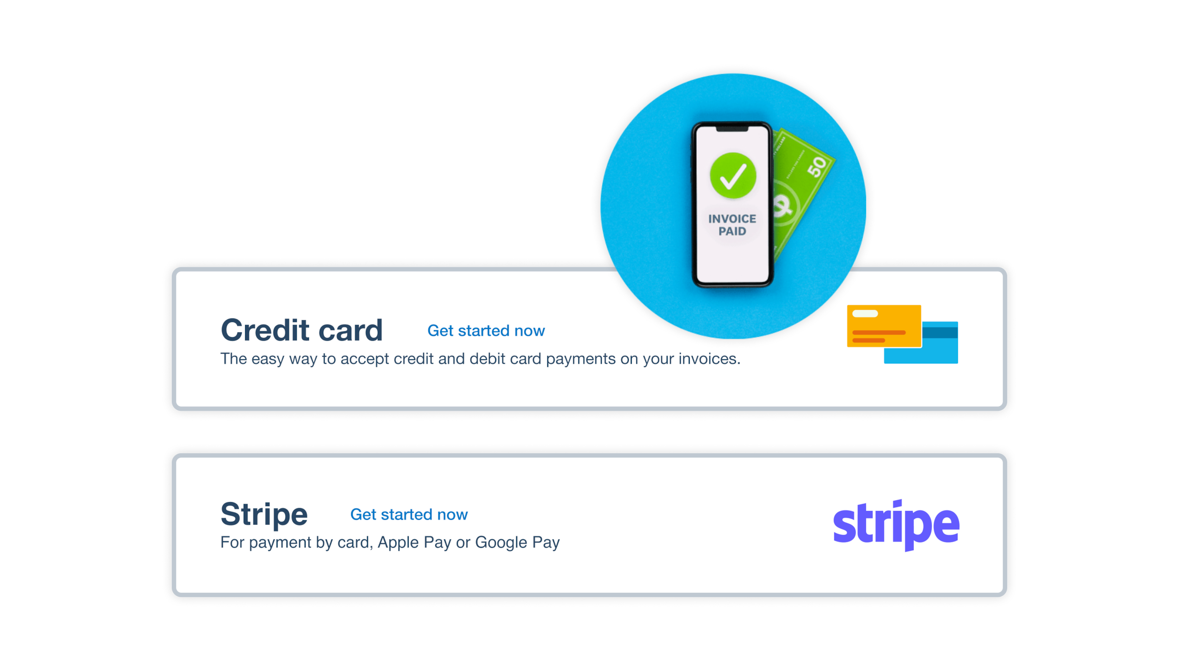 Illustration of mobile invoice paid confirmation with credit card, debit card, and direct debit payment options.