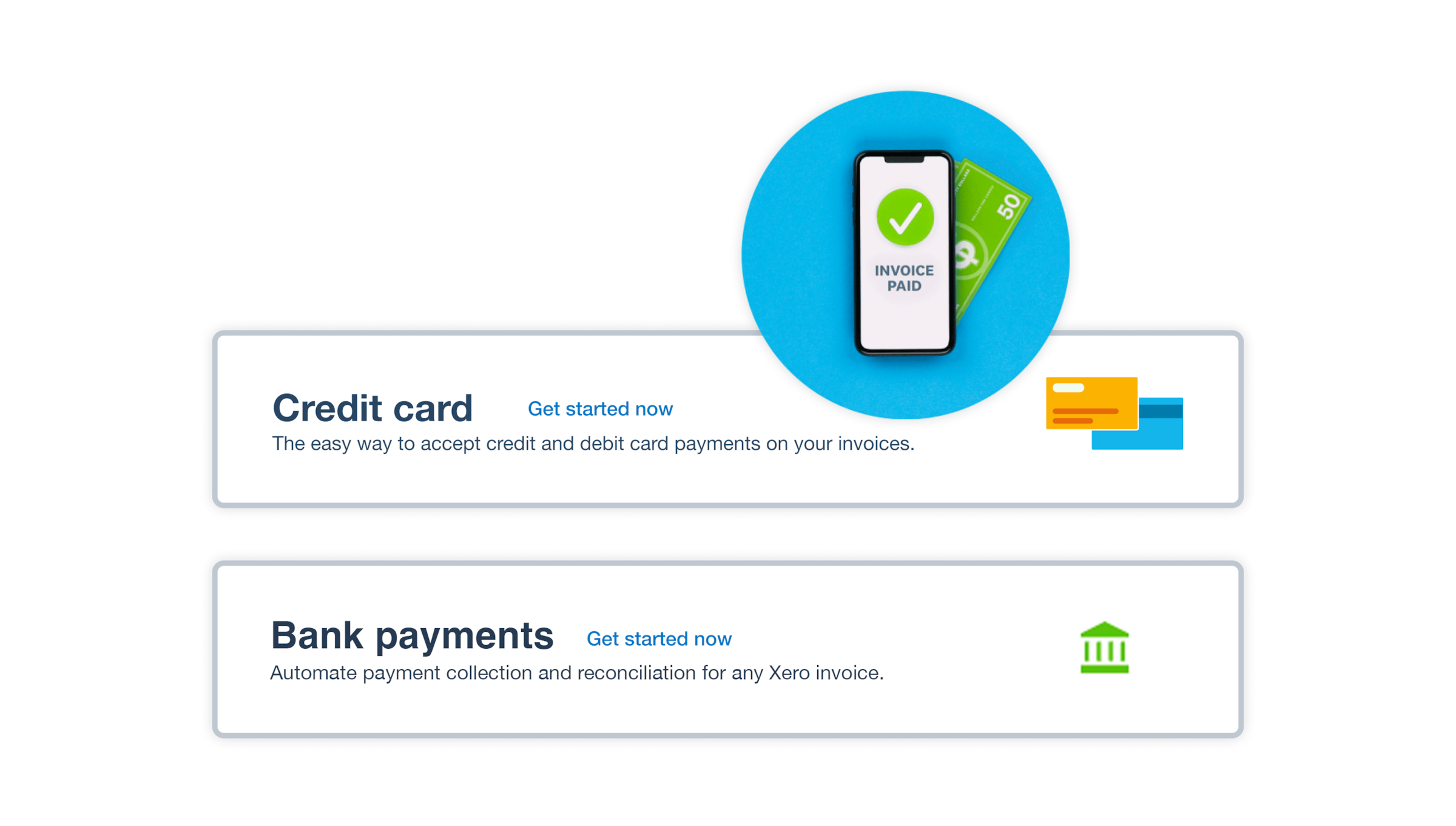 Two options for setting up online invoice payments display: credit card or direct debit.