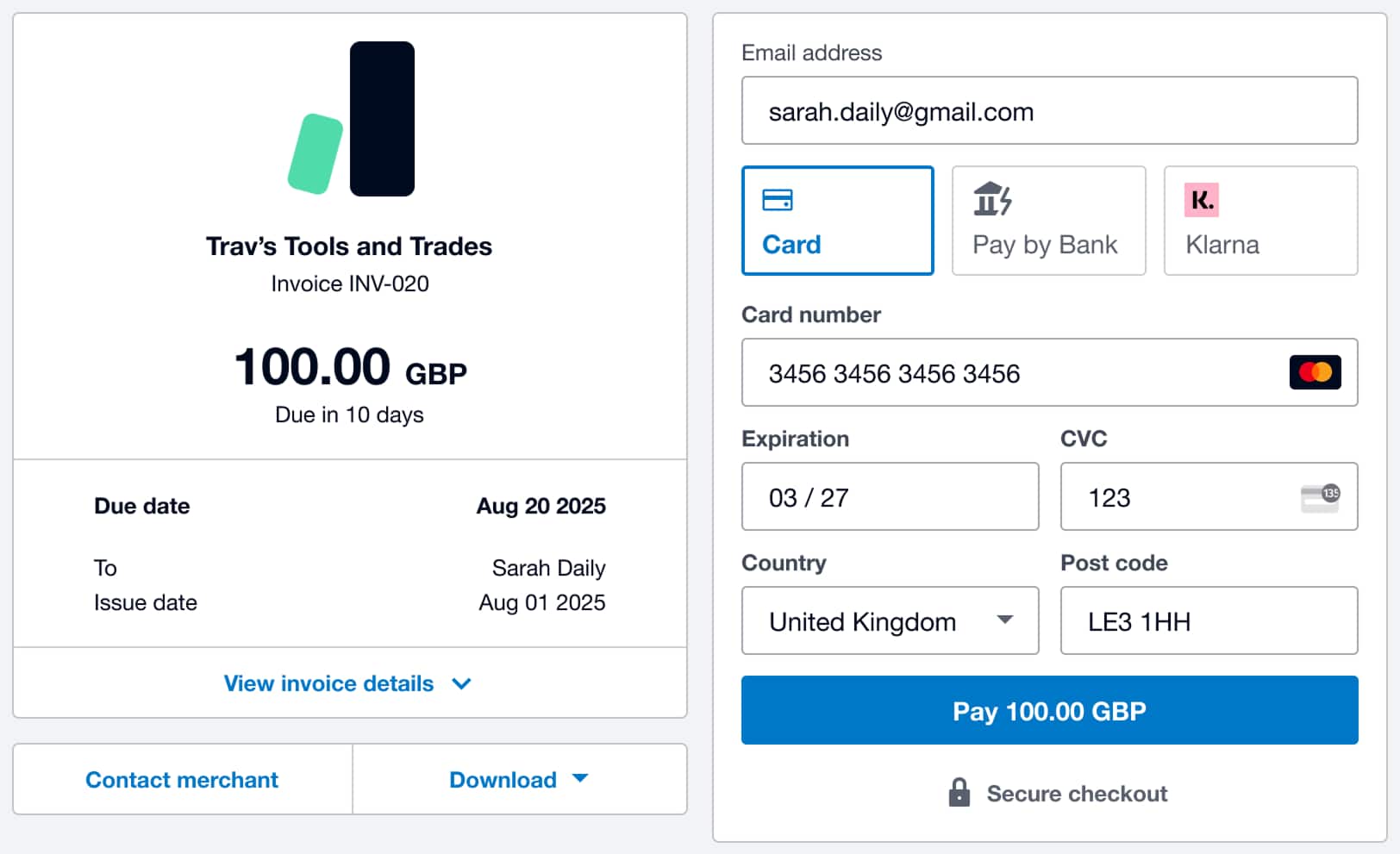 A Xero invoice, with options to accept online payments by card, digital wallet, and direct debit.