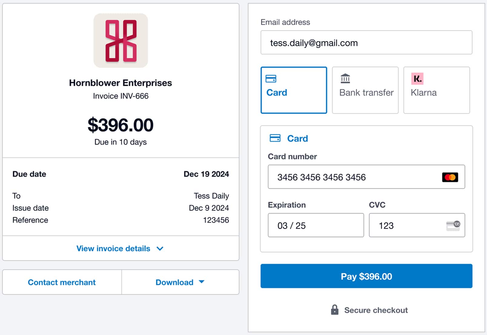 A Xero invoice, with options to accept online payments by card, digital wallet, and direct debit.