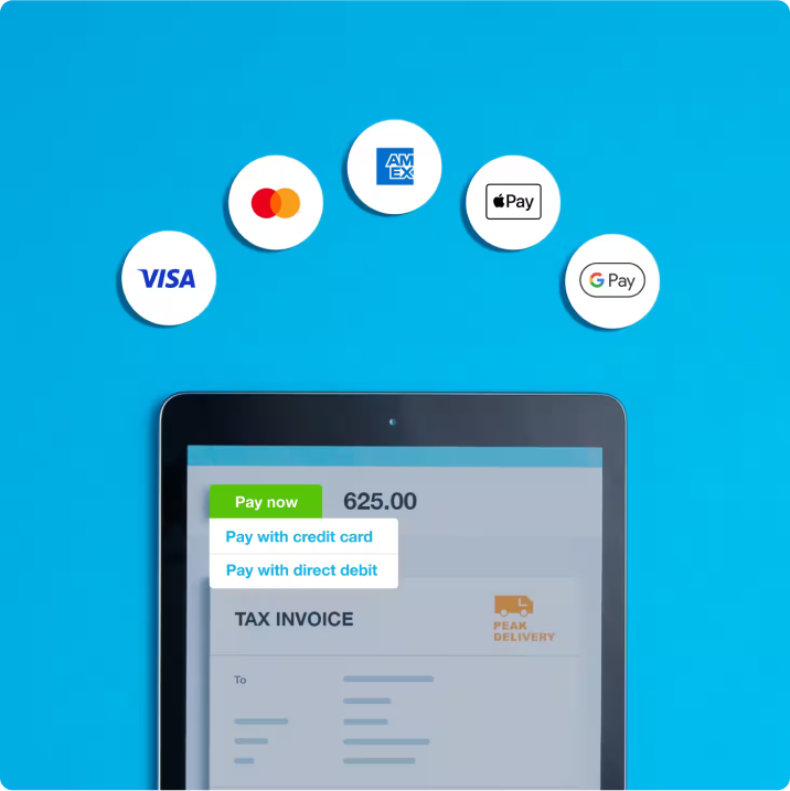 A device shows an invoice with payment methods like Visa and Apple Pay in Xero’s top accounts receivable automation software.