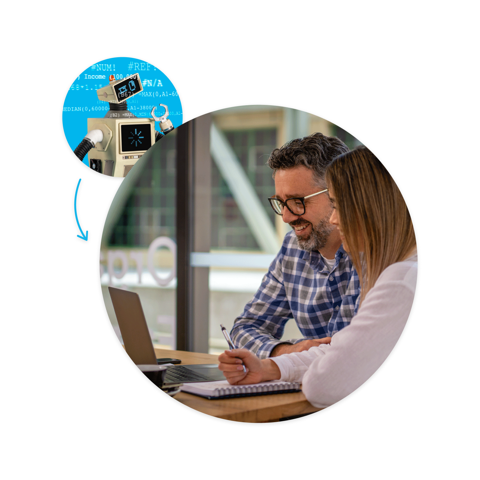 Two small-business owners smile as they use financial analysis software.