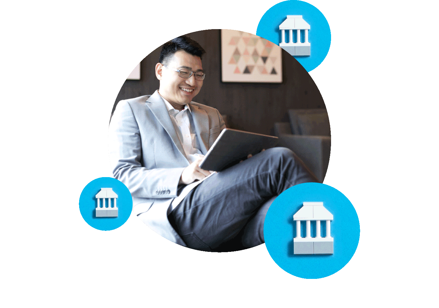 Happy guy working in circular composition with bank illustrations
