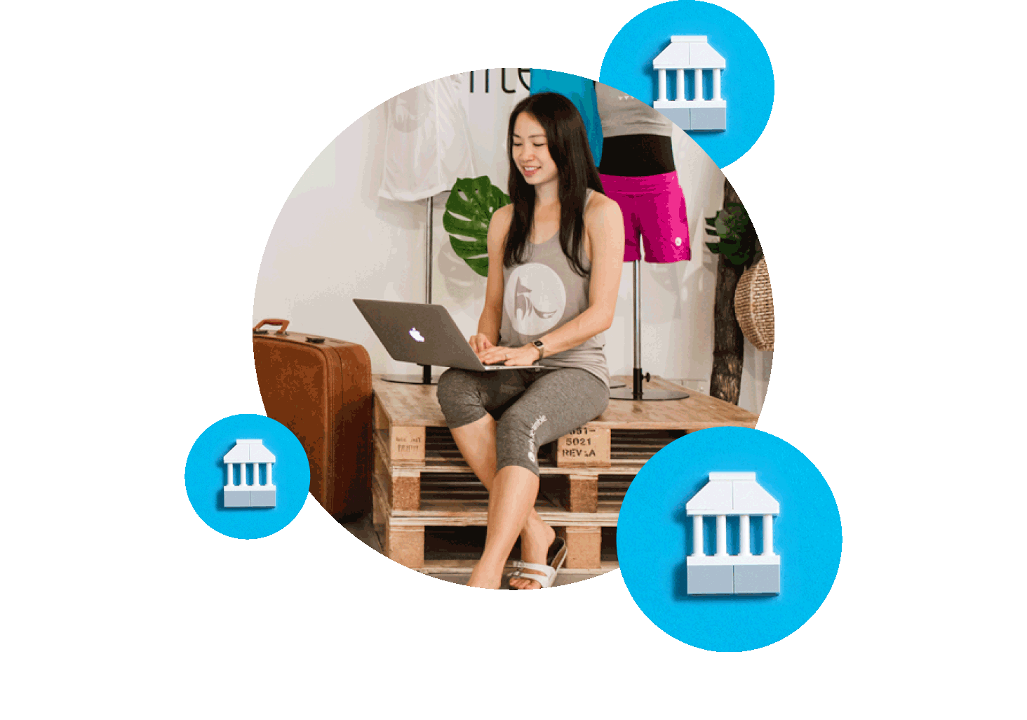 Lady using Xero in circular composition with bank connection iconography