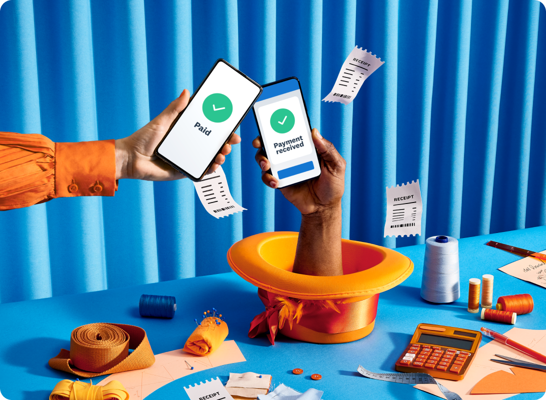 Two people confirming a mobile payment and receipt transfer on smartphones.