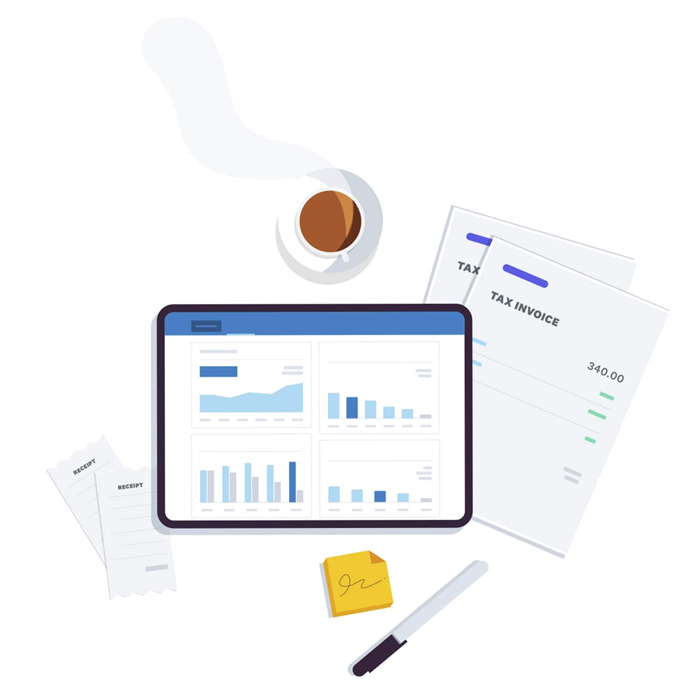 Flat lay illustration of a tablet displaying expense management app alongside tax invoices and receipts.
