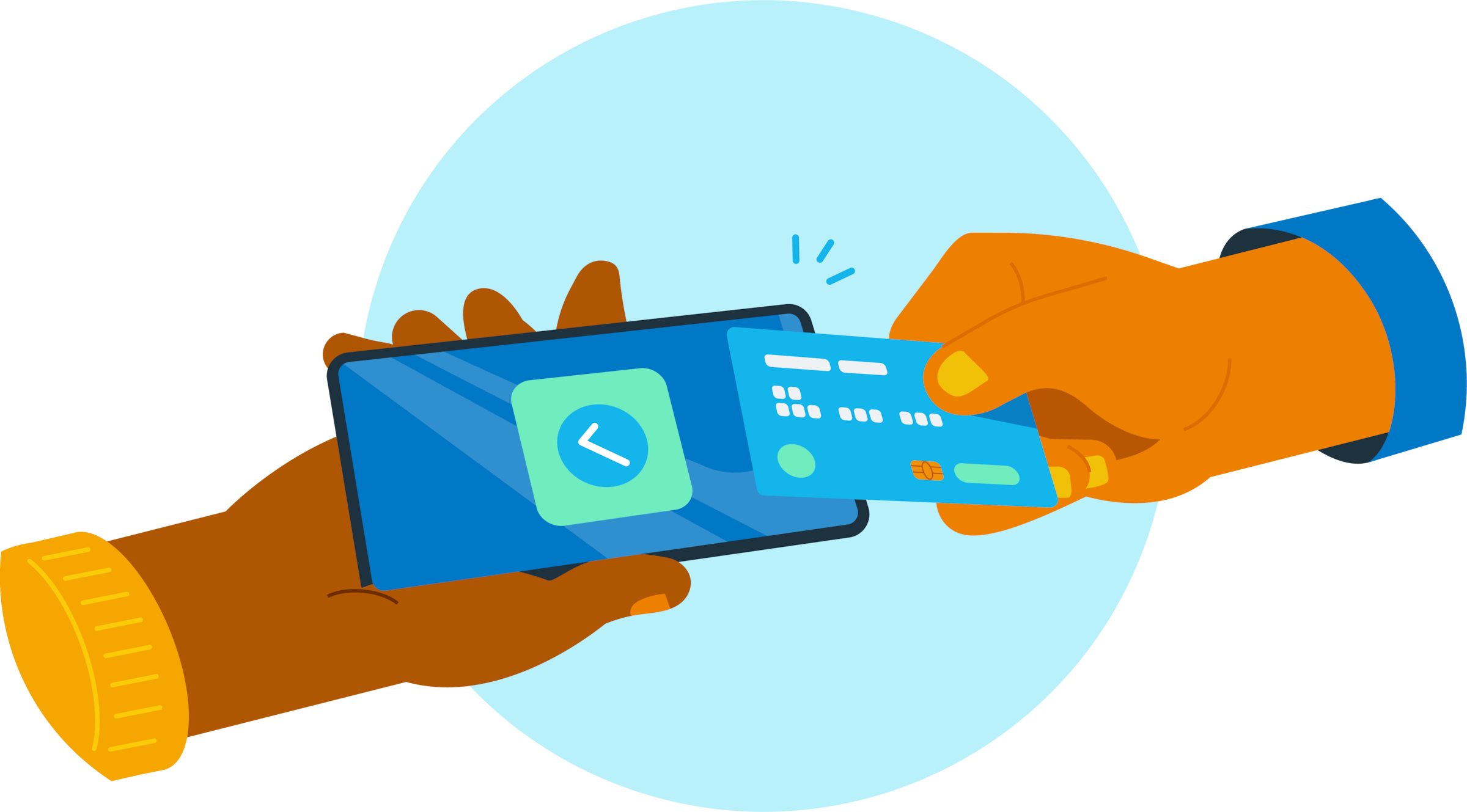 A cartoon illustrates how to take card payments online using Tap to Pay technology with the Xero Accounting app.