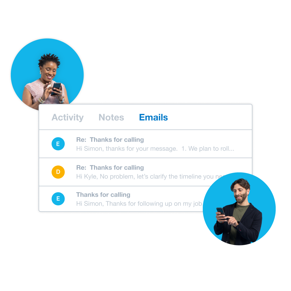 Two people use contact management software and Office 365 for email correspondence.