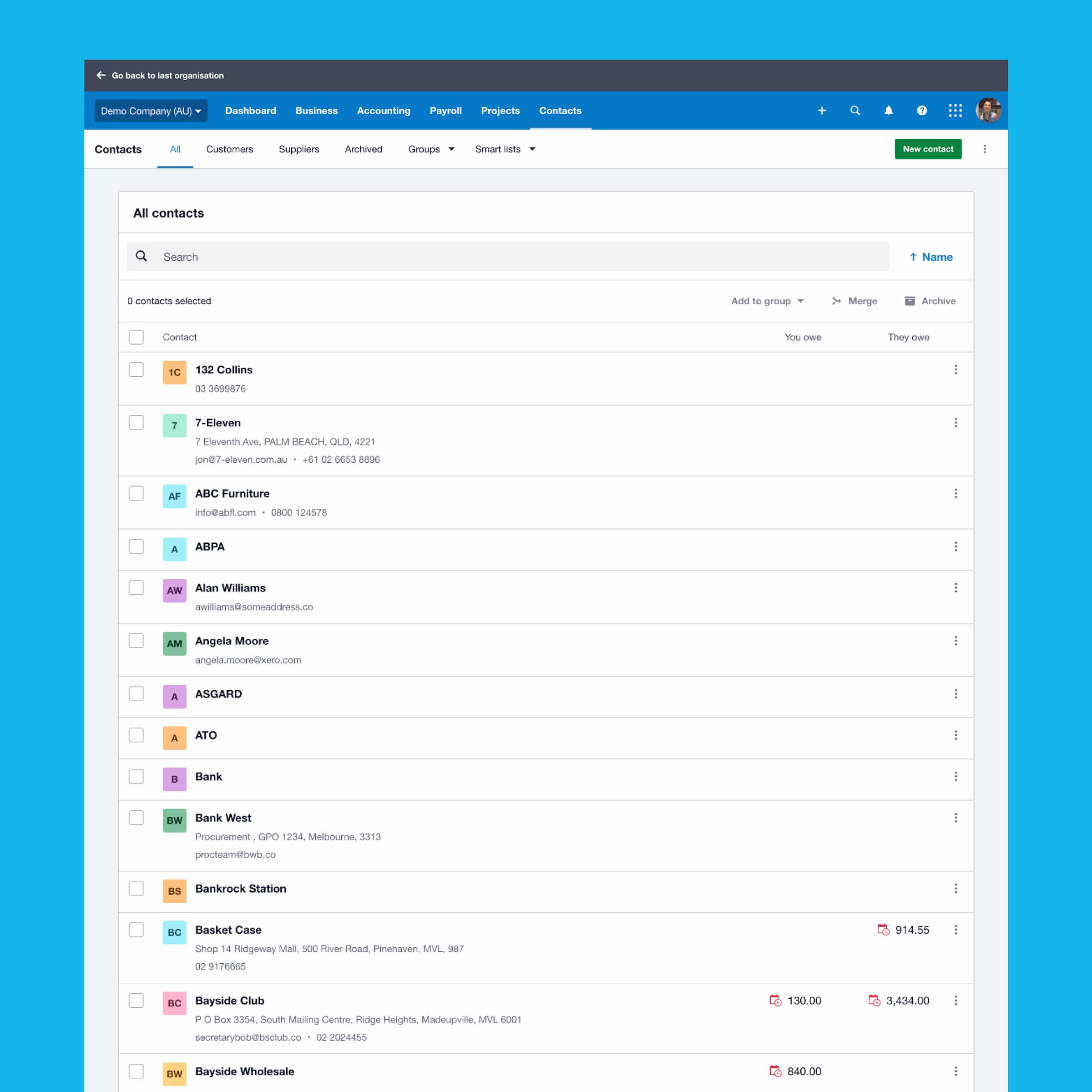  A list of contacts displays in Xero. 