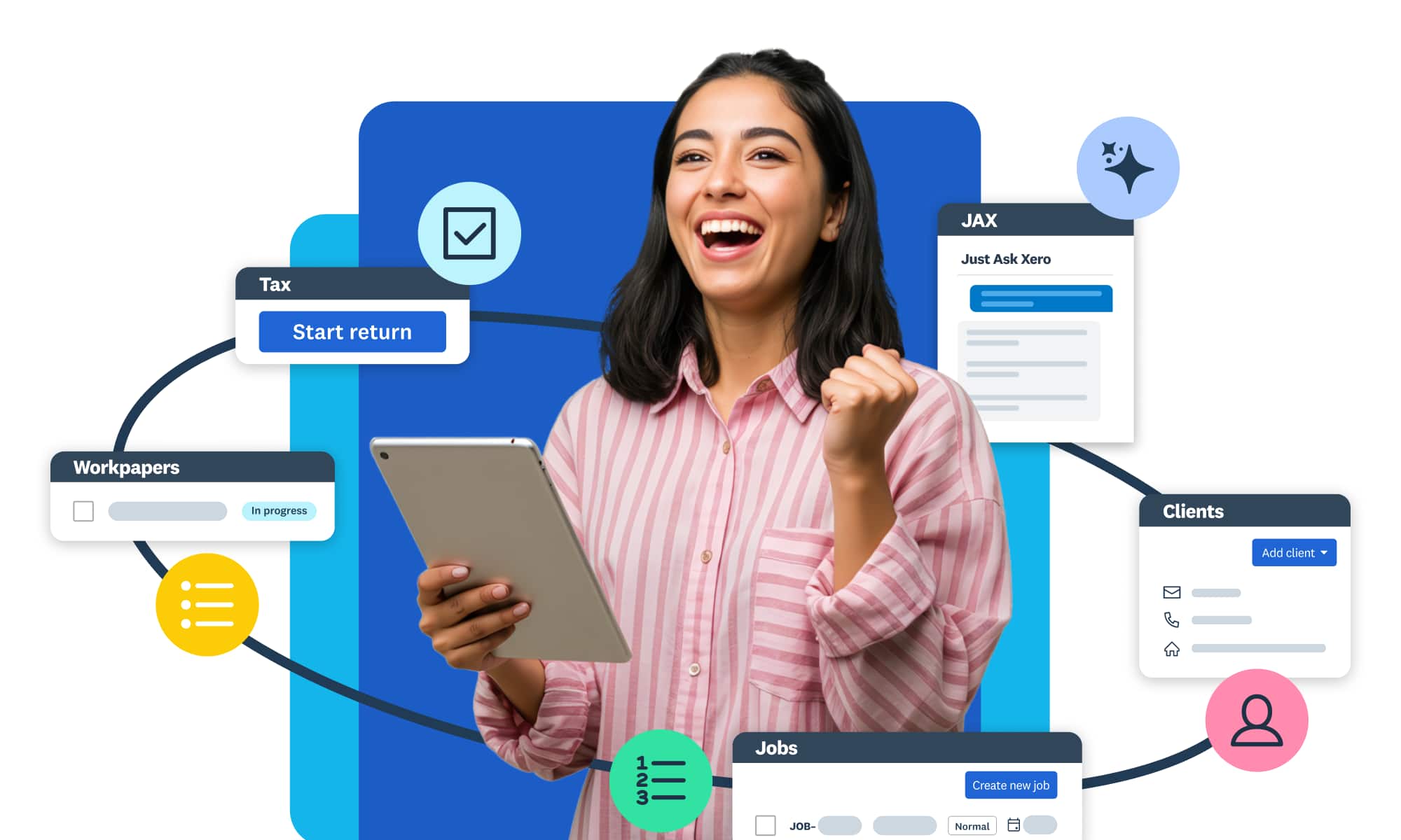 A woman holding a laptop is happy about an easy tax return process which is illustrated around her.
