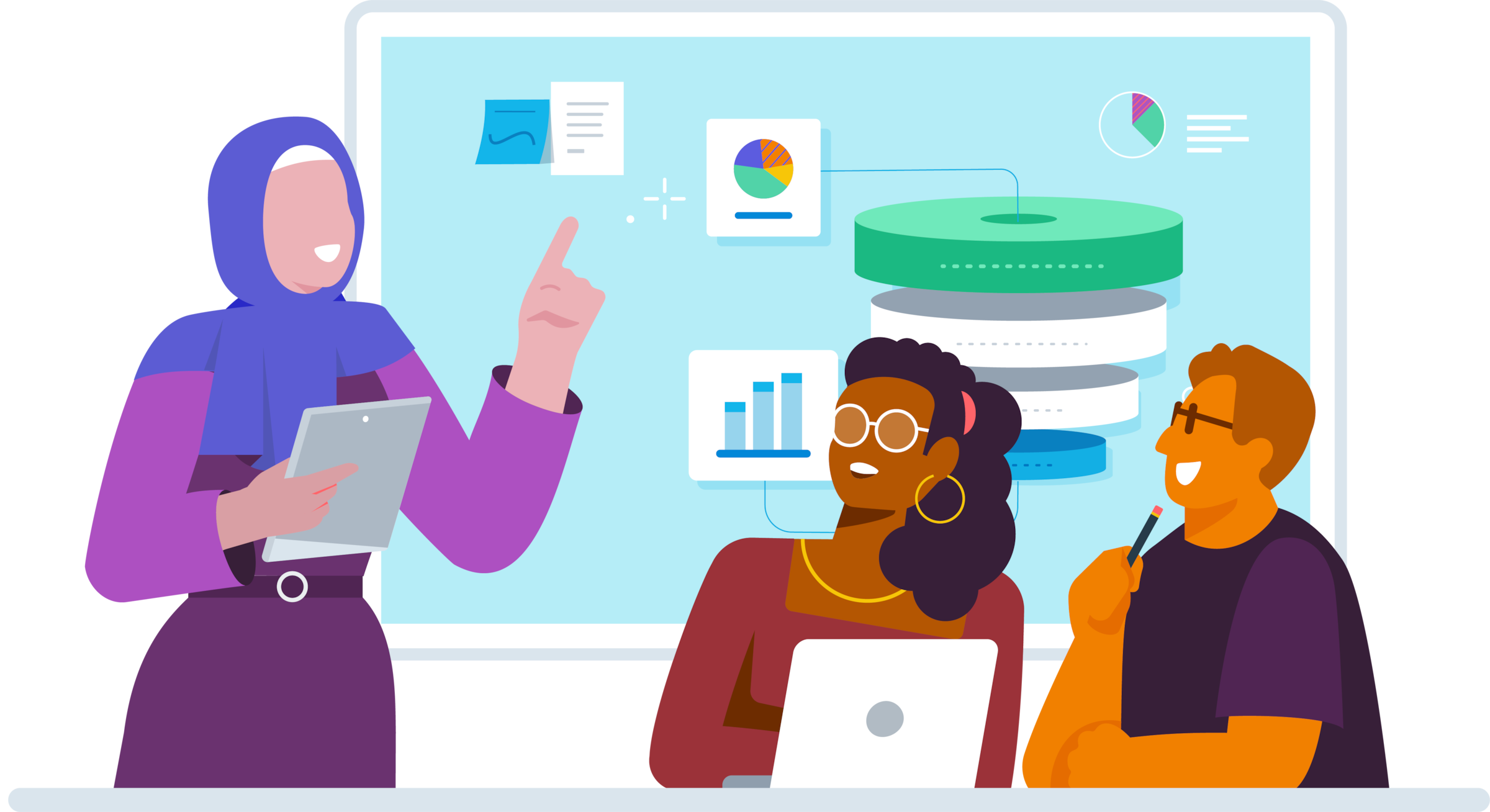 A business owner talks to their team about spending using data visualizations with Xero’s cash flow forecasting tools.