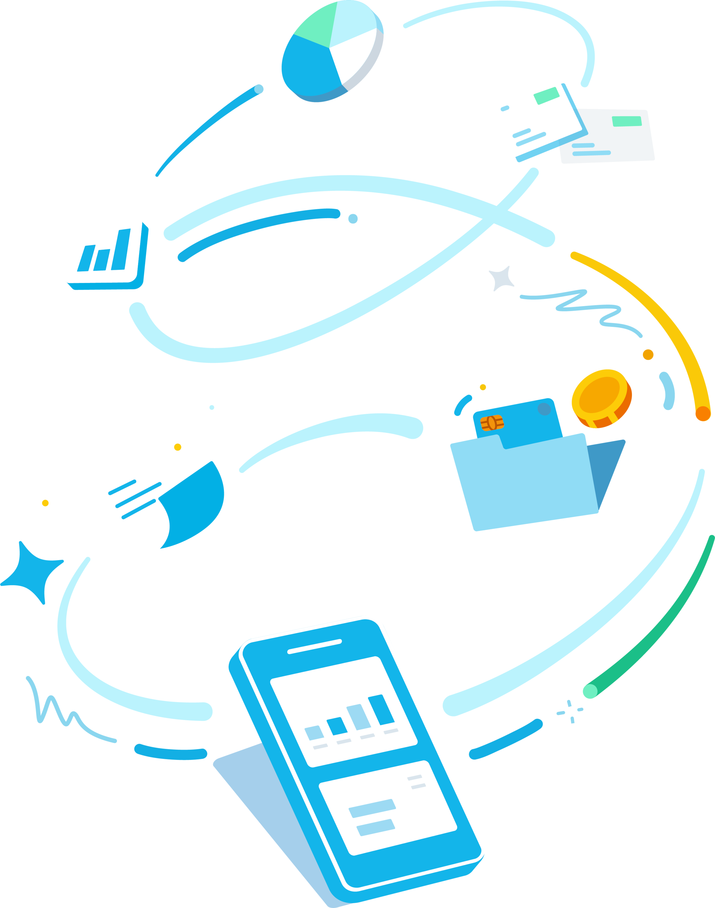 A cartoon mobile and swirling icons illustrate the tools of Xero’s cash flow forecasting solution.