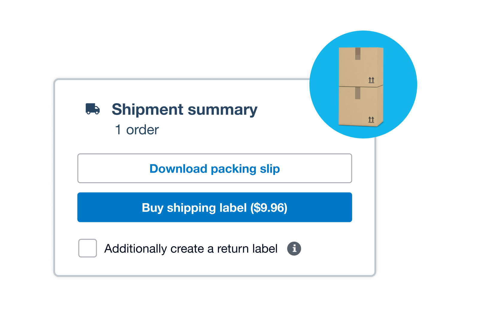 A shipment summary displays options to download a packing slip, buy a shipping label, and/or create a return label.