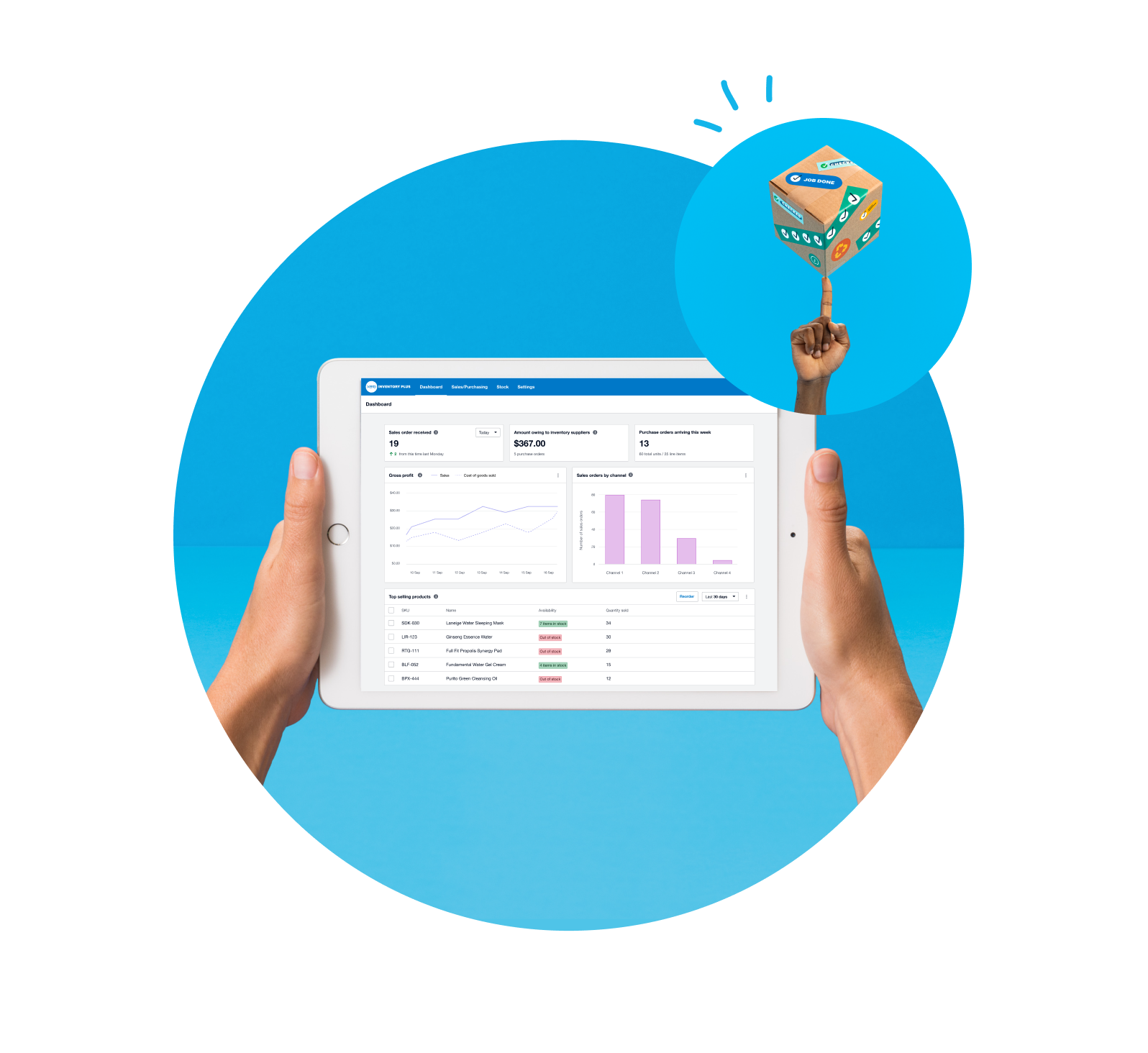 An online seller reviews orders and stock levels on the Inventory Plus dashboard.