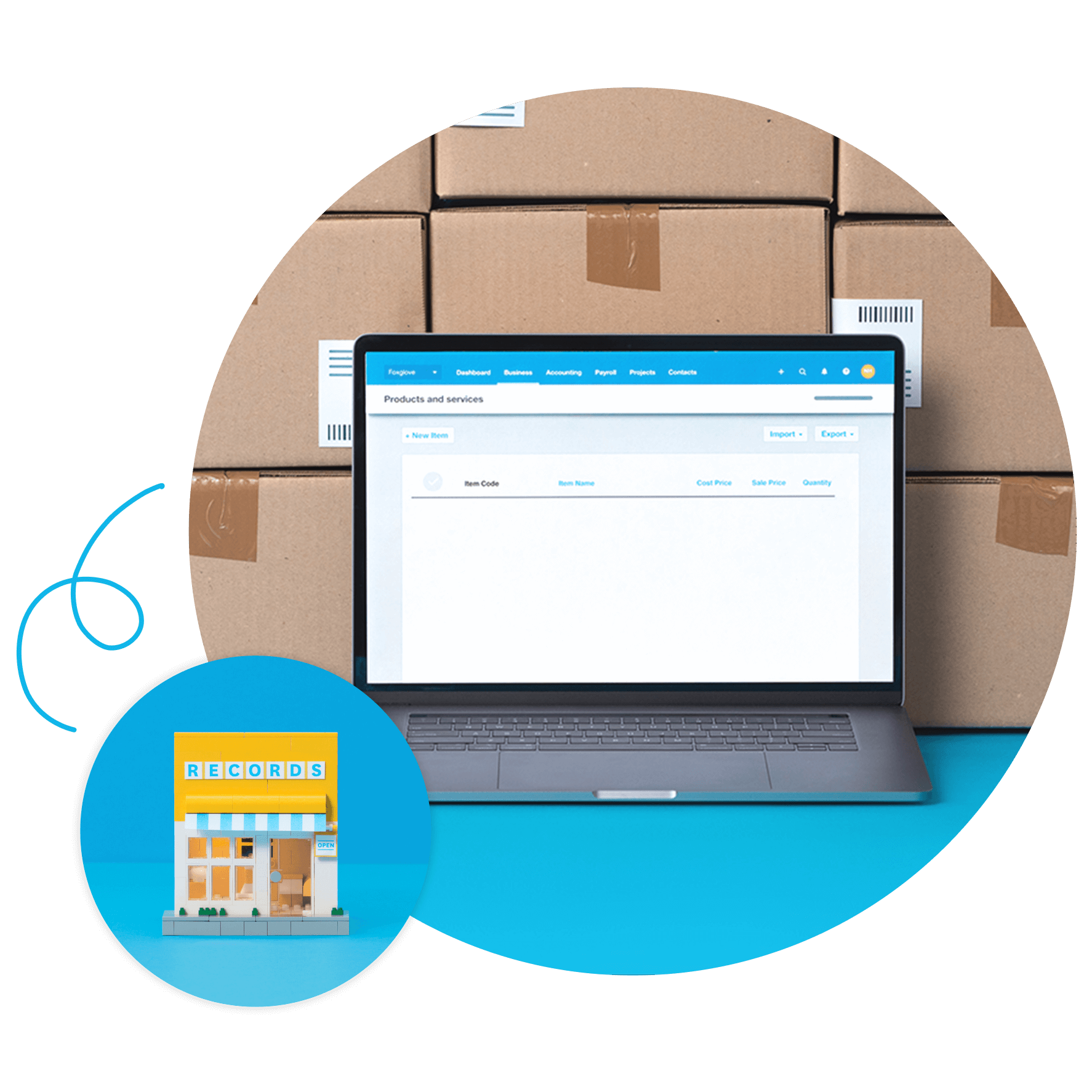 A laptop displays an inventory management screen with cardboard boxes in the background and a records store who uses Xero.