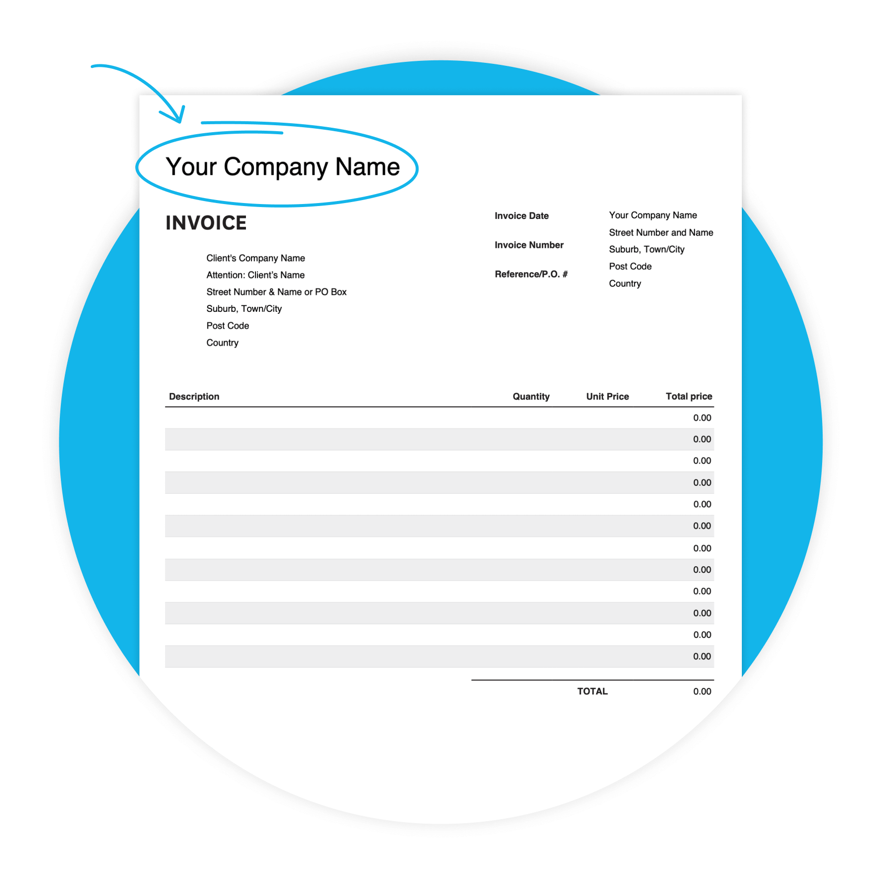 An invoice template includes placeholders for the business name, client name and address, invoice number and invoice items.