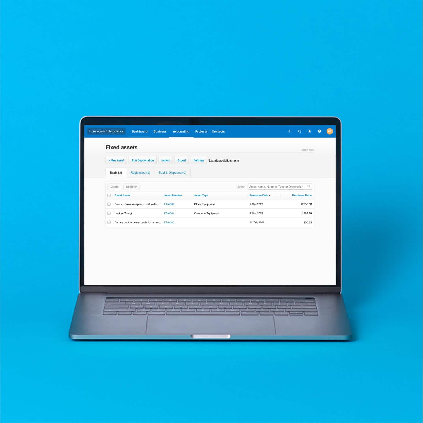 The fixed assets screen in Xero displays a list of assets along with their type, purchase date and price.