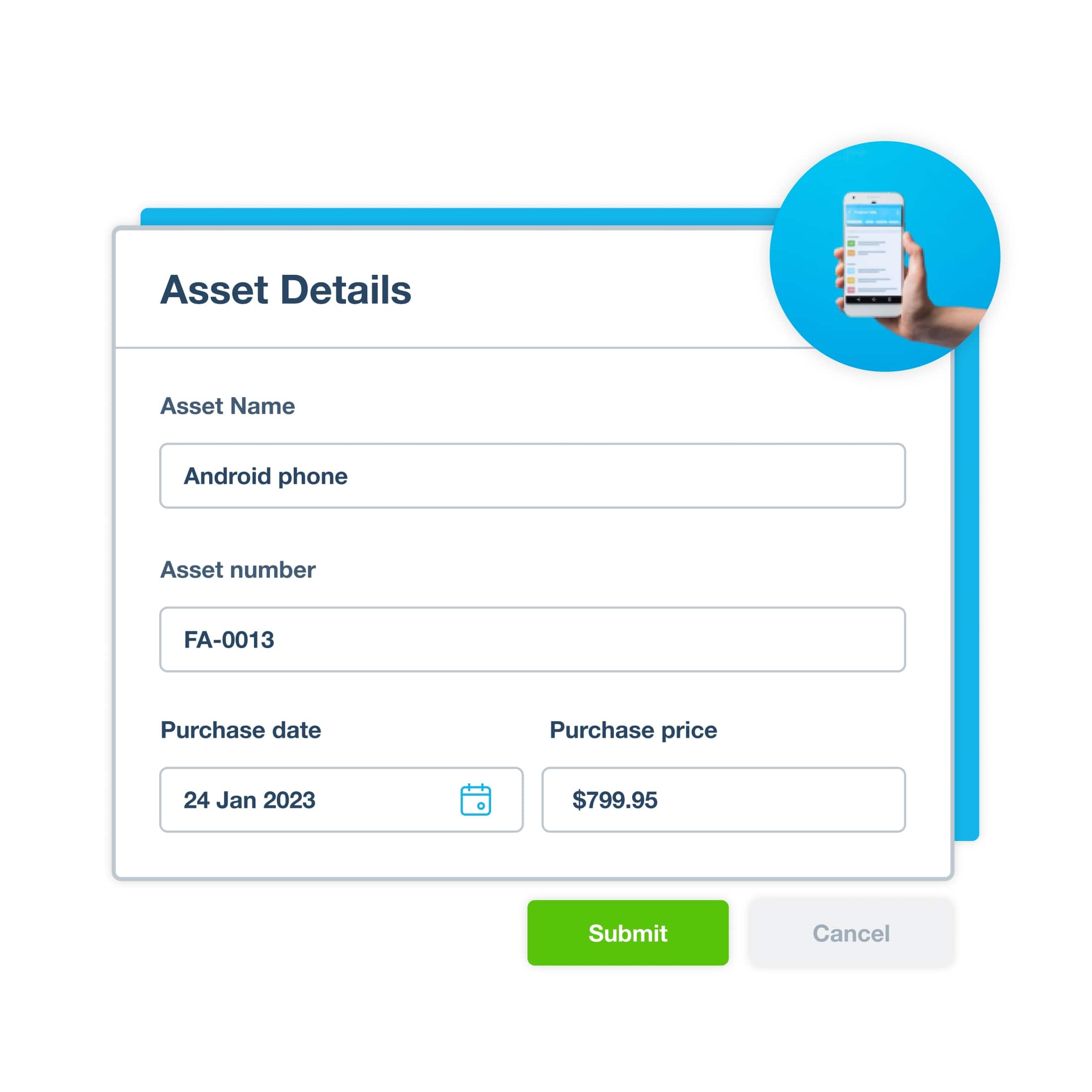 Details of a fixed asset are being added in Xero, including the asset name, number, purchase date and price.