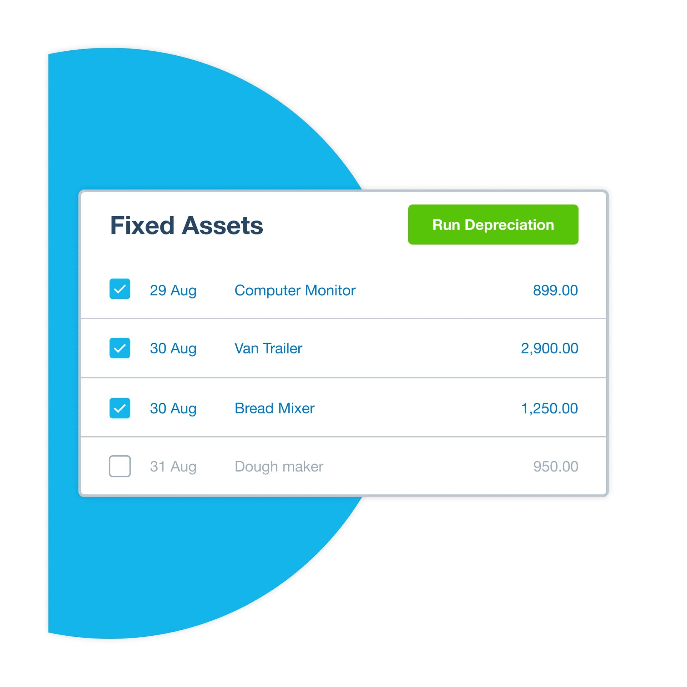 A ‘run depreciation’ button shows ready for an accountant to run depreciation on a client’s fixed assets.