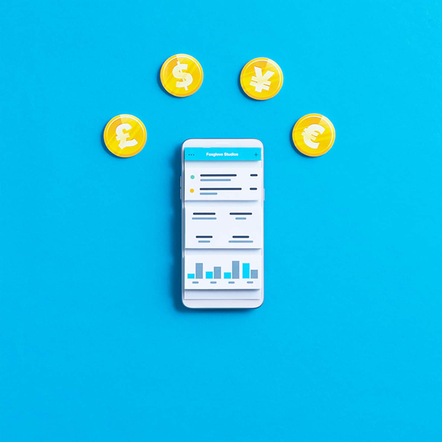 A mobile phone shows multi-currency accounting through invoices and bills.