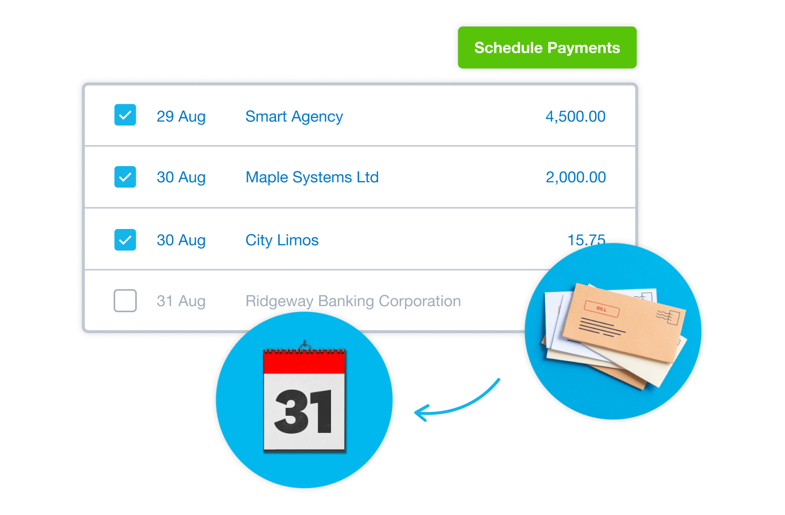 A list of outstanding bills displays in Xero so the business can schedule the date on which to pay each one. 