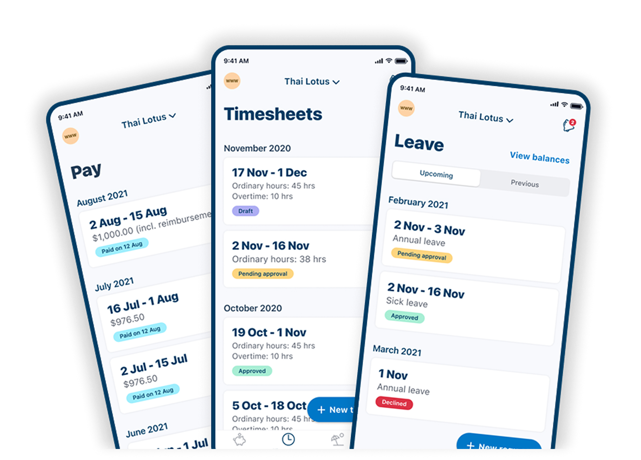 Three cellphones stand displaying pay, timesheet, and leave documents.