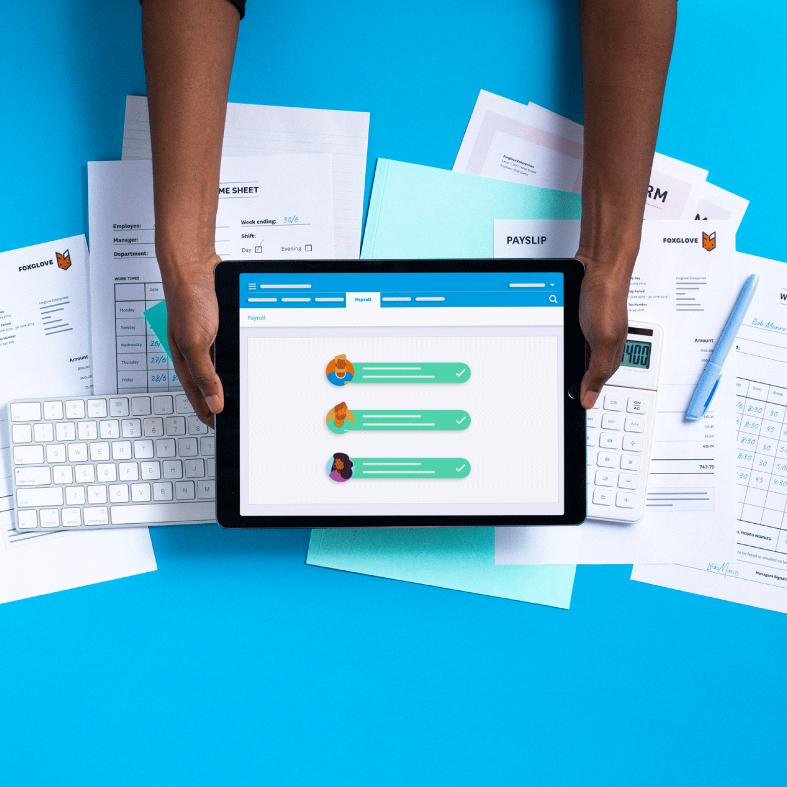 A screen shows employee details and pay records stored in the Xero pay run software.