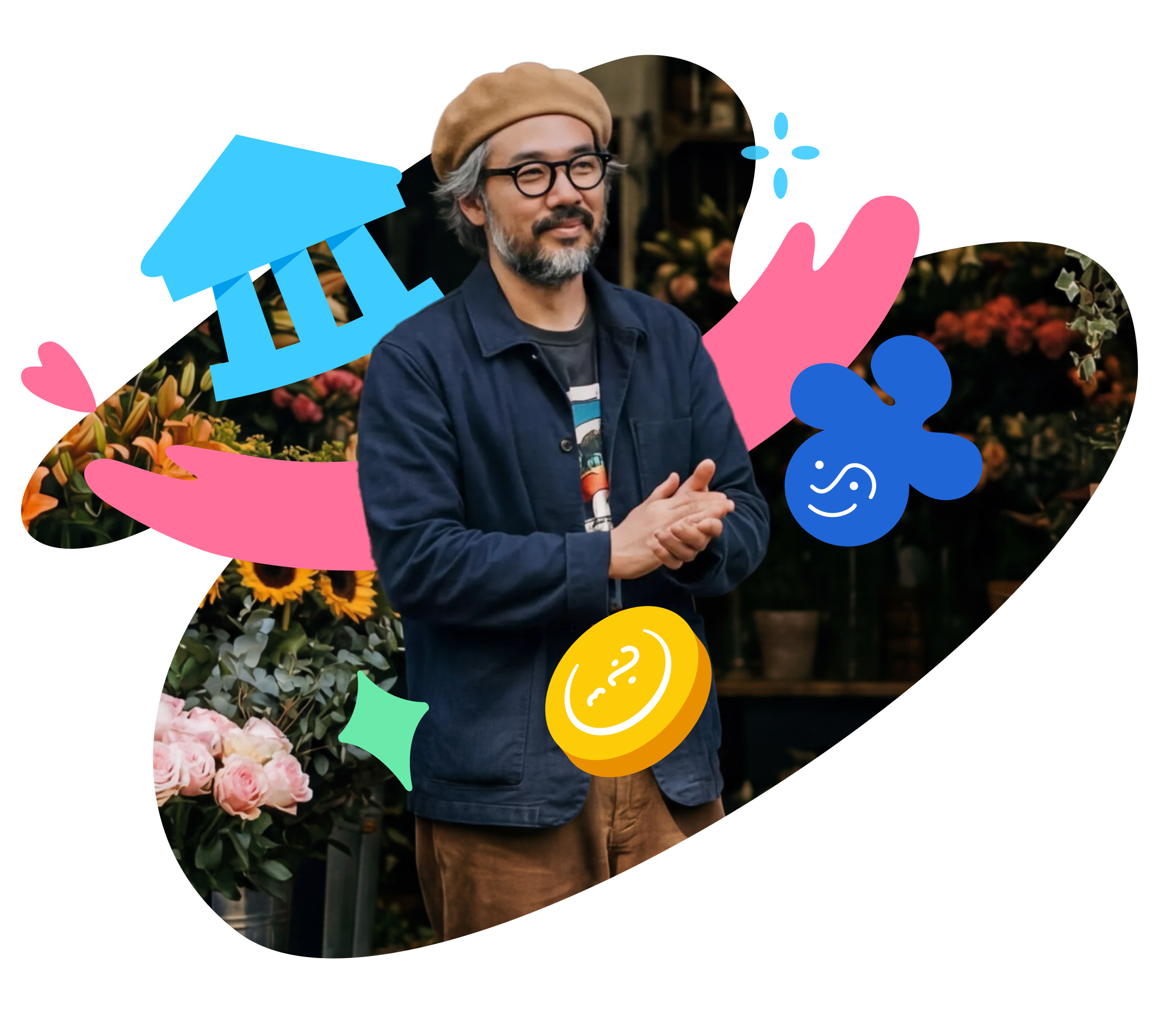 Man explaining payroll support and guidance with decorative business icons in outdoor setting