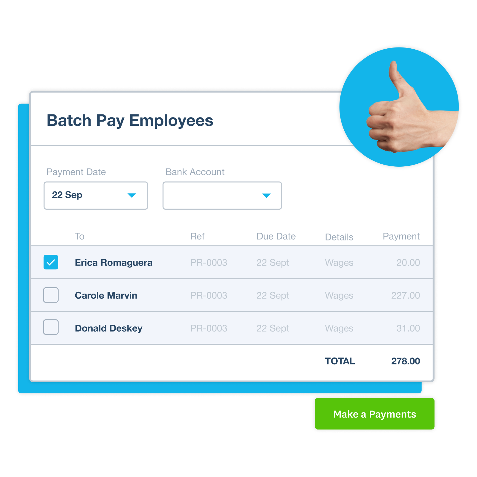 The payroll administrator selects the employees to be included in a batch payment