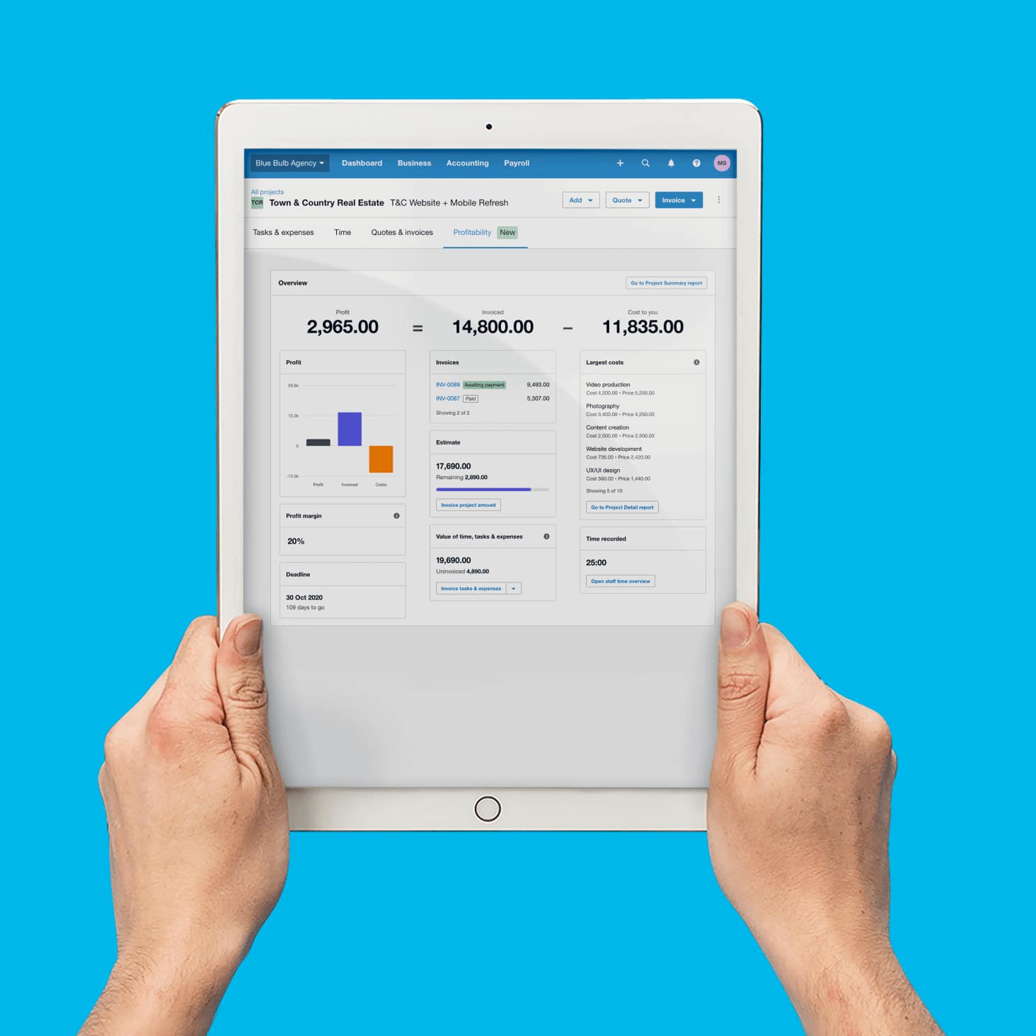 Two hands hold a tablet that displays the project profitability dashboard in Xero’s project accounting software.