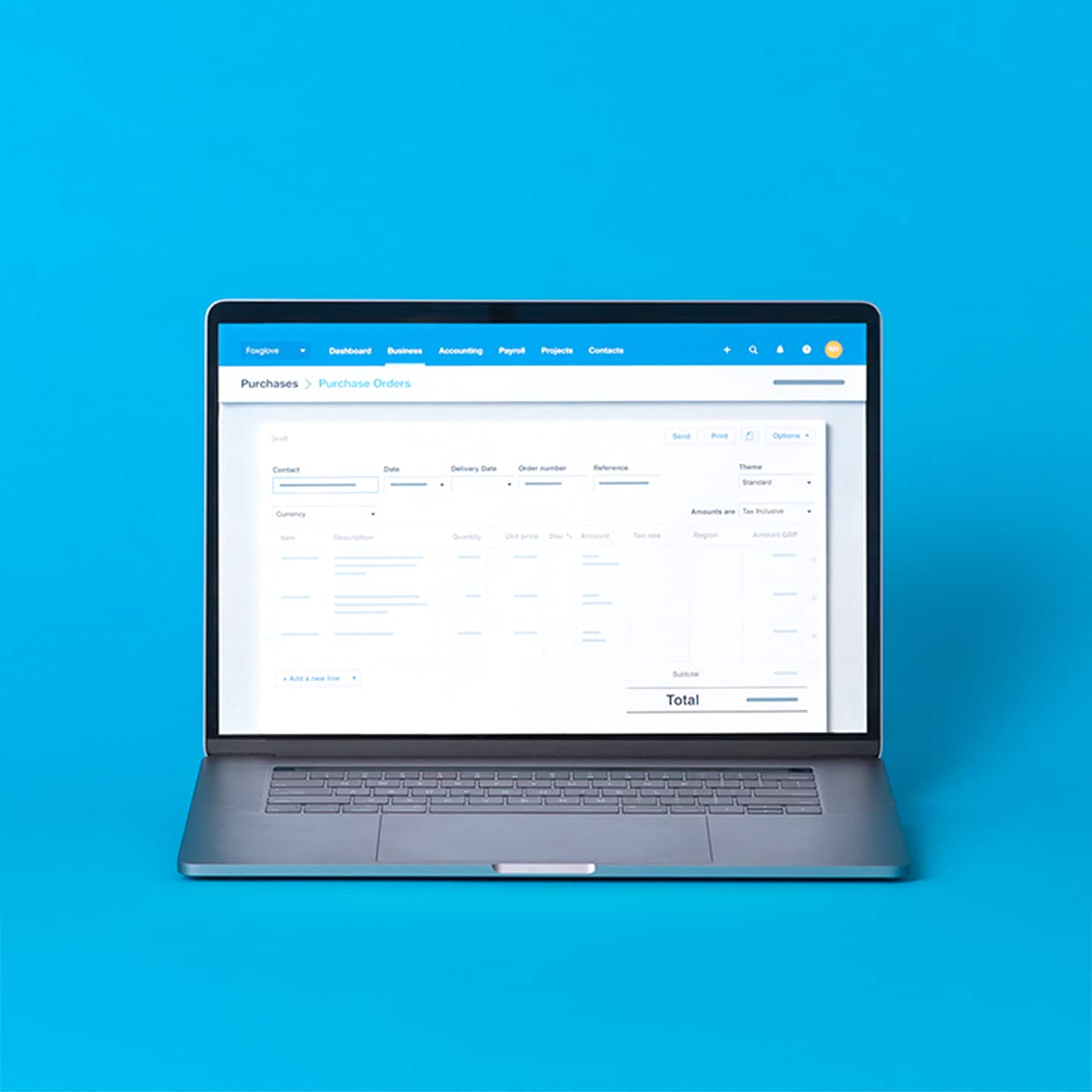 The details of an order are entered into the purchase order screen in Xero on a laptop.  
