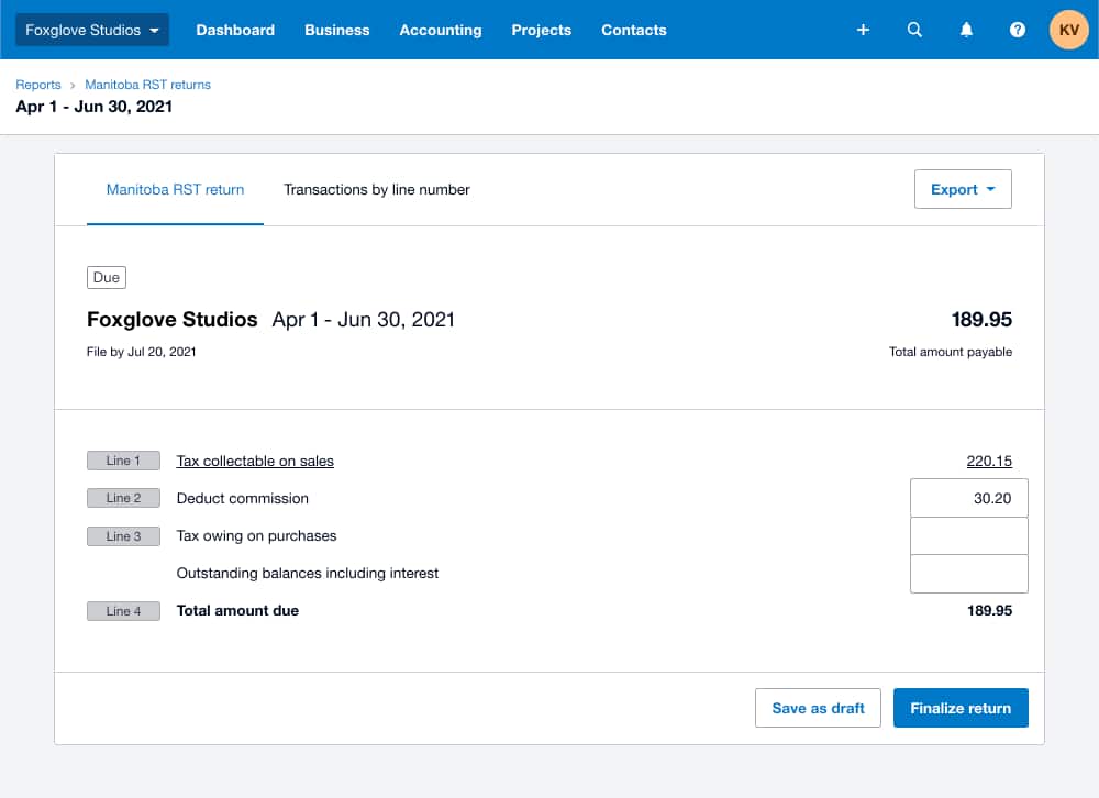 A screenshot of the Manitoba RST return report dashboard in Xero.